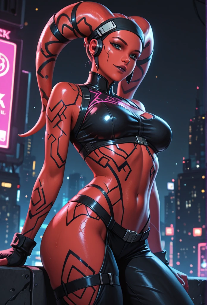 1girl, busty, masterpiece, best quality, high-definition, ((red skin), twi'lek), evil space knight, space ninja, (wearing black tank top, panties, socks, ((busty)), slender body, thin, slim sexy body, slim waist, (((gigantic breasts)))), futuristic apartment,, Star Wars,