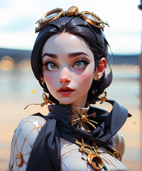 ((((High resolution, Intricate details, masterpiece, 8k, from front)))), (((beautiful, samurai, armor))), ((In the town, One Woman, Big Breasts, Large Breasts, Huge Saggy Tits)), (Black Hair, Beautiful forehead, Long Hair, ponytail, Big ribbon, Glowing Skin), from front, looking at viewer, look at viewer, pub, bright,