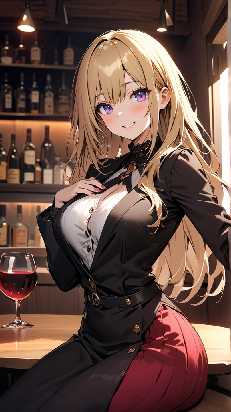 最high quality、best image quality、masterpiece、teenage girl((20-year-old、 By becoming、vest bust、medium bust,wide open breast tea、shining eyes, blonde hair、long hair、thin,highest valley、ponytail、Bartender costumes、mini skirt、holding a wine bottle、smile、black gloves、chest holder、breastfeeding、leaning forward)),high quality、beautiful art、background((night bar))debris flies、Depth of written boundary、movie、visual art、perfect art、8k,genuine、