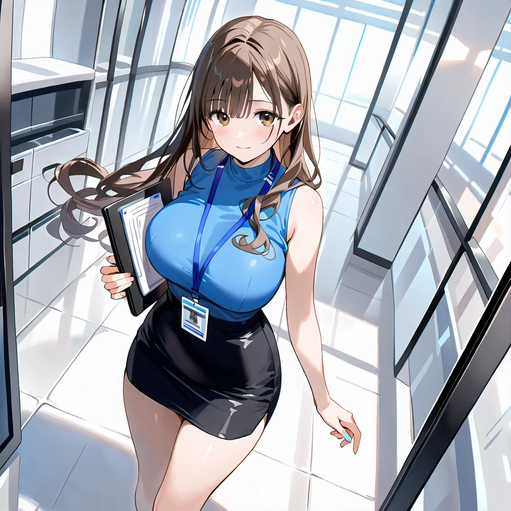 Anime girl in a blue and white dress, big, Biomechanical , In a dress, Boob proportions, Naughty, Poses that accentuate the chest, Naughty anime style,((highest quality)), ((masterpiece)), A shy smile, Pitch Resuit, Puffy nipples, Embarrassed laugh、Kamimei, Knee-high stockings, Adult female, (When it enters the sheath:1.3), Cum in mouth, (Protruding G-string:1.5), Long Wavy Hair、Dark brown hair, Check mini skirt,Race Queen, Master Painting, highest quality, Photorealistic, Ultra-detailed, (Glossy Skin, Sweaty:1.4), Observe the crowd, Brown eyes, thin, Dynamic light and shadow, High resolution, Sharp focus, Depth of field, The eyes are delicate, Sharp pupils, outside of home, Sky Sky, Tight Skirt,Grid Girls, Underbust, Wet_Clothes, Wear the grid_A girl's costume with sponsor logos printed on it, (Participate in a motorsport race)+, Place your left hand on your hip、Sexy Hips、Kamimei、Chest opening、Pose that emphasizes the buttocks