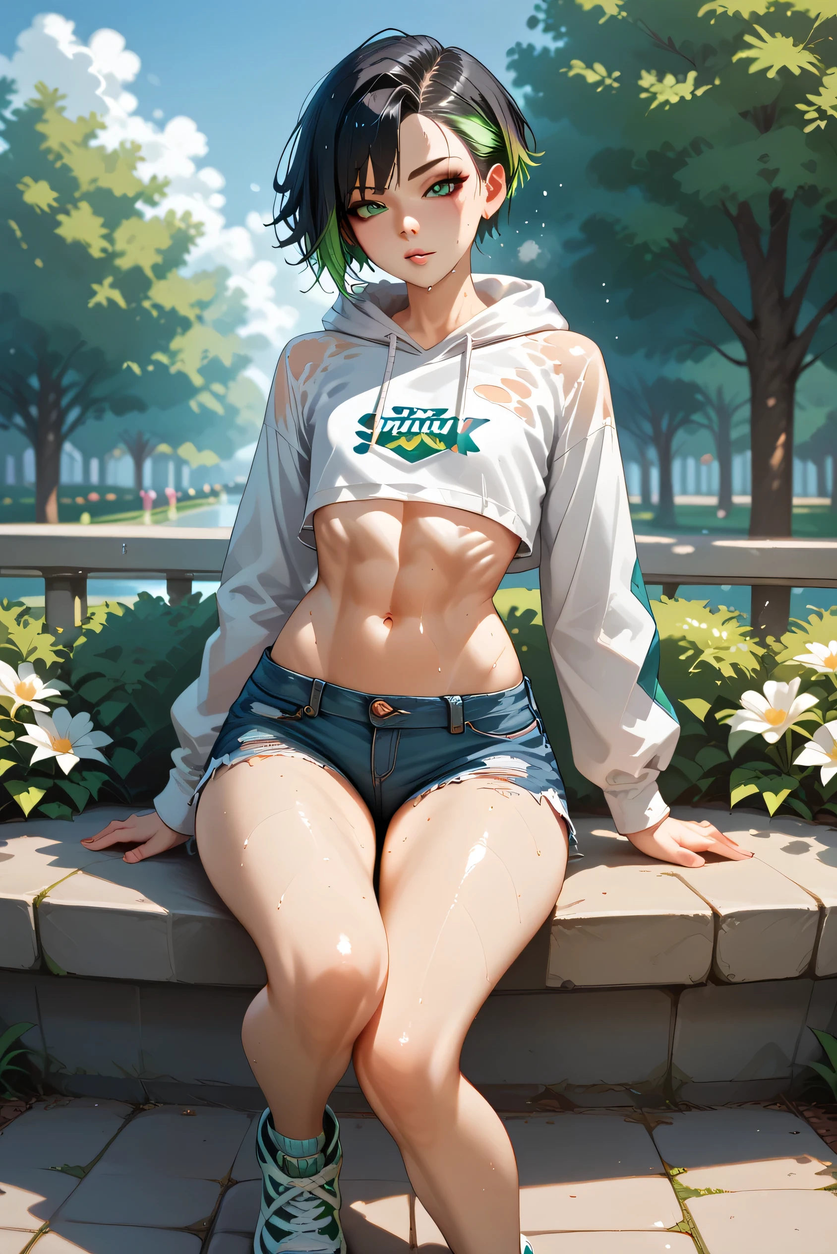 (Obra maistra, Best Quality:1.2), cowboy shot, Alone, 1 girl, Tatsumaki, libidinous, Closed mouth, mirando al ispectador, is, Wide hips, shirt, Short shorts, correa, squats, legs open, blue sky, erotica,