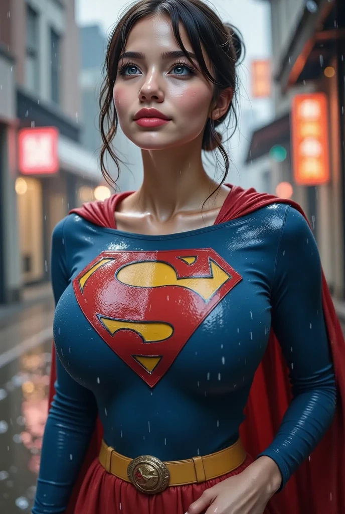 Supergirl in the style of Spider-Man, masterpiece, best quality, abstract, psychedelic, neon, (honeycomb pattern), (creative:1.3), sy3, SMM, fantasy00ddetailed face, detailed lips, detailed eyes, more skin, double eyelids, dark brown hair, (huge breasts: 1.5), (tight shirt, rain-soaked shirt), (shorts), ( Nipple shape is clearly visible), perfect body, (wet body: 1.5), sexy pose, sexy expression, dynamic pose, make eye contact with the camera