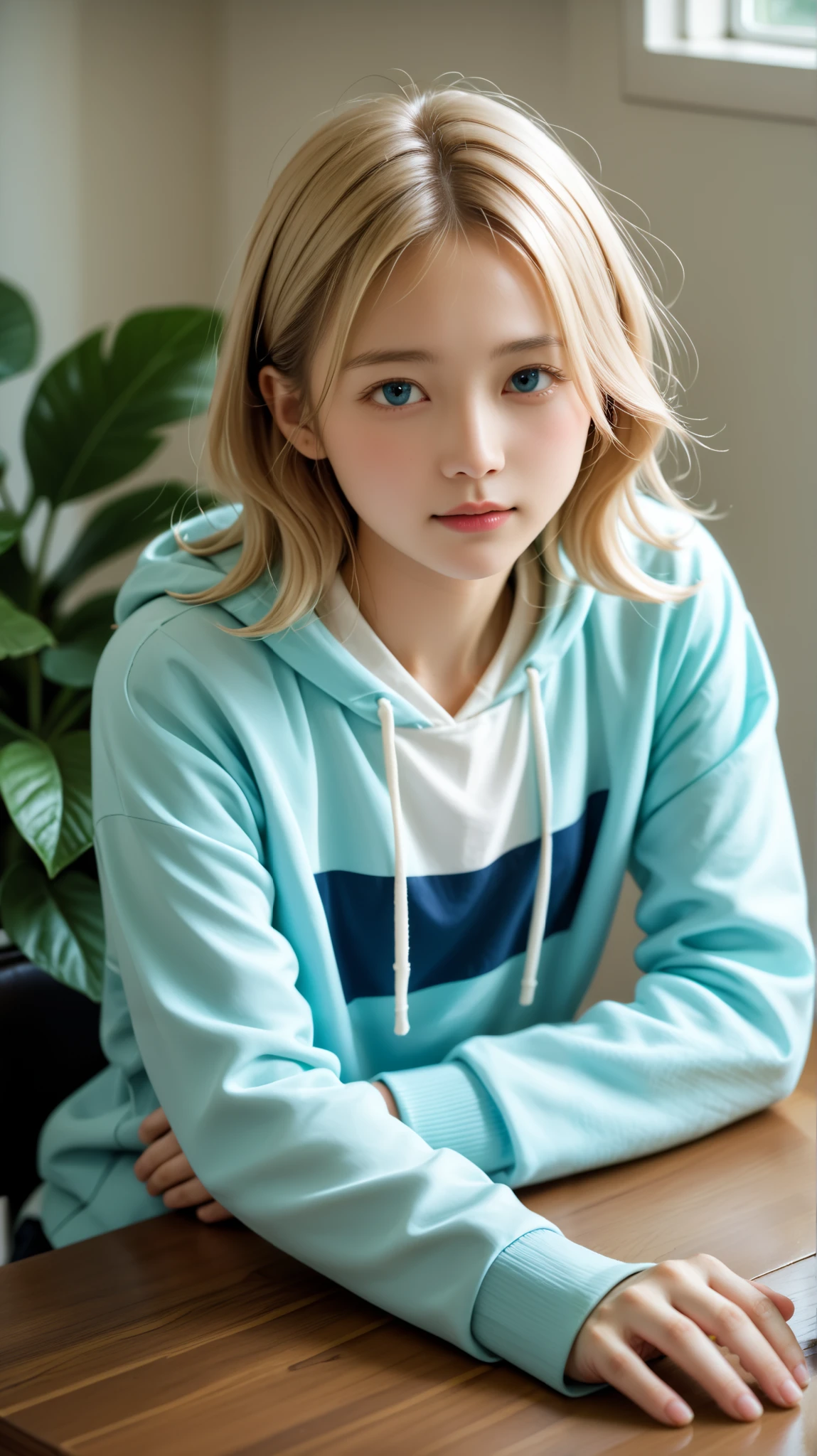 (top quality, table top:1.2, ultra high definition, realistic:1.5), RAW photo, clear white skin 、 hoodie 、 眼鏡をかけた美しい肌 、thin, soft and smooth hair 、 top quality 、 nothing 、 one girl 、blond hair、 My Room、 Plant leaves