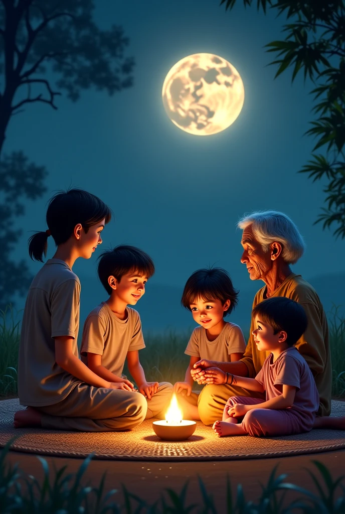 Young children listening to an old man tell a story under a full moon