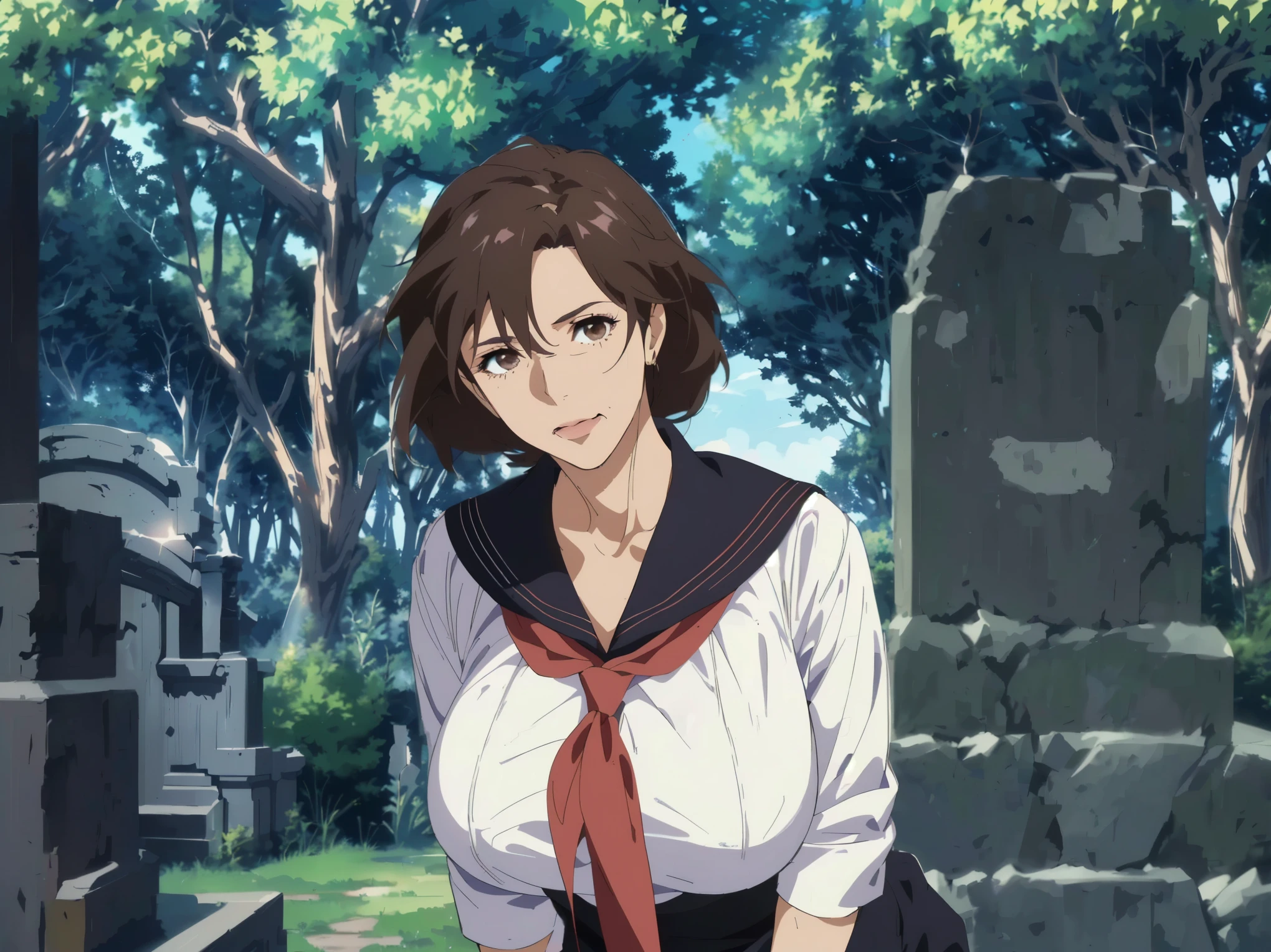 apanese graveyard anime scene in midsummer, best quality, bright、mature mom,, Quiet mature Mom , ((( Wrinkles Around His Eyes and Mouth :1.2)))、detailed face, brown hair, Mesh Bang Hairstyle, brown eyes, (Big Breasts), shy and embarrassed mature mom, (mature mom in tight and white sailor suit:1.3) ,(red scarf with black nose:1.4)、 realistic high school mature mom , female protagonist 👀 :8, Bewitching Anime mature mom , Makoto Shinkai ( Apex Legends ), Fine details, a hyper realistic high school mature mom , charming anime mature mom, Makoto Shinkai art style, Makoto Shinkai style, Makoto Shinkai. Digital Rendering , Makoto Shinkai and artgerm, Fubuki, Makoto Shinkai!, Makoto Shinkai!!,