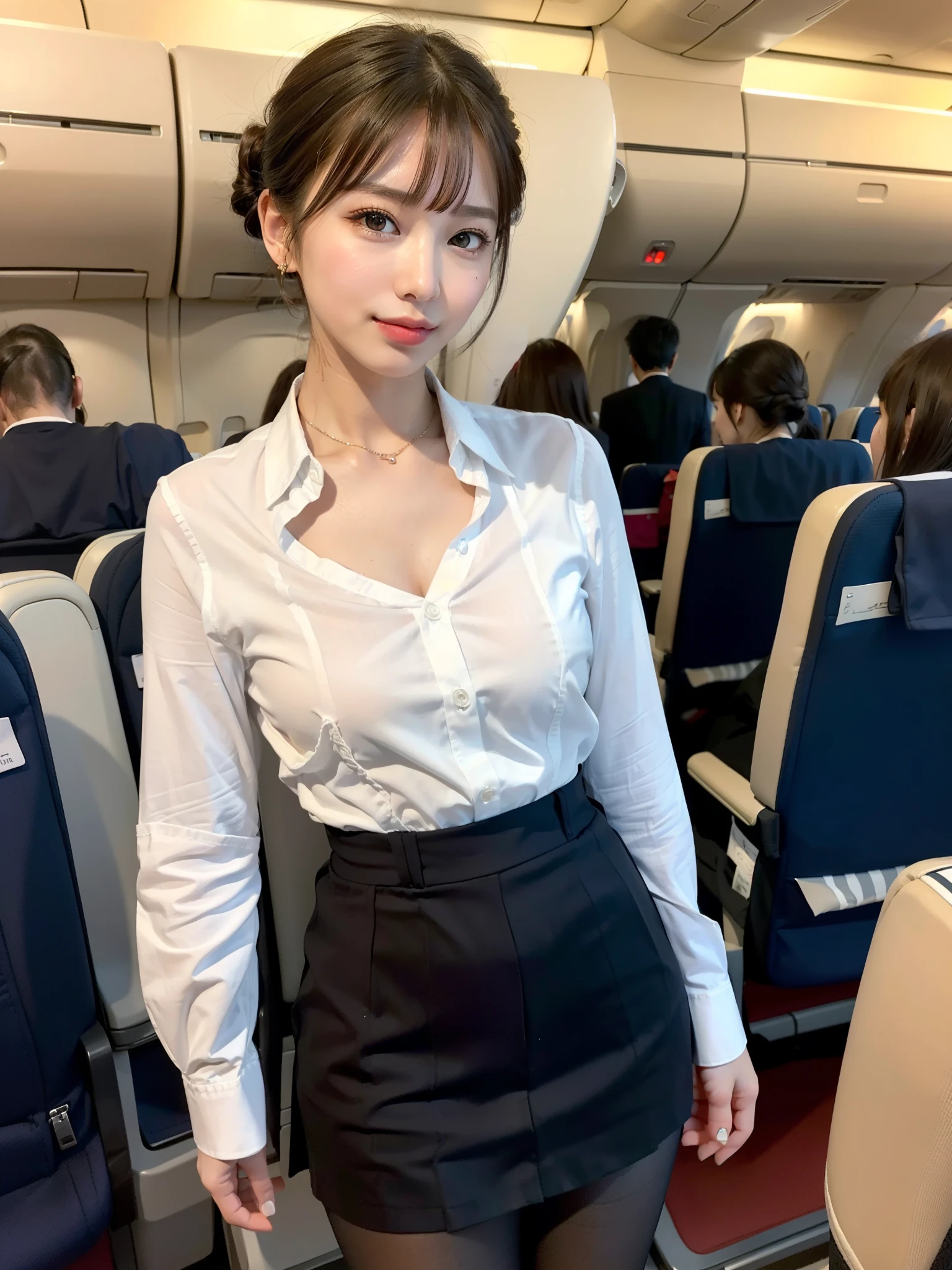 ((Best of the highest quality, 8k, Masterpiece: 1.3, raw photo)), Sharp focus: 1.2, (1 AESPA girl: 1.1), (Solo: 1.18), (realistic, photo-realistic:1.37), face focus, cute face, (Small breasts, flat chest, Thigh: 1.3), short messy hair, updo, (Beautiful flight attendant in the seat of the plane，Super beautiful，perfect bodies，Meticulous beautiful flight attendant outfit), standing, airport, terminal