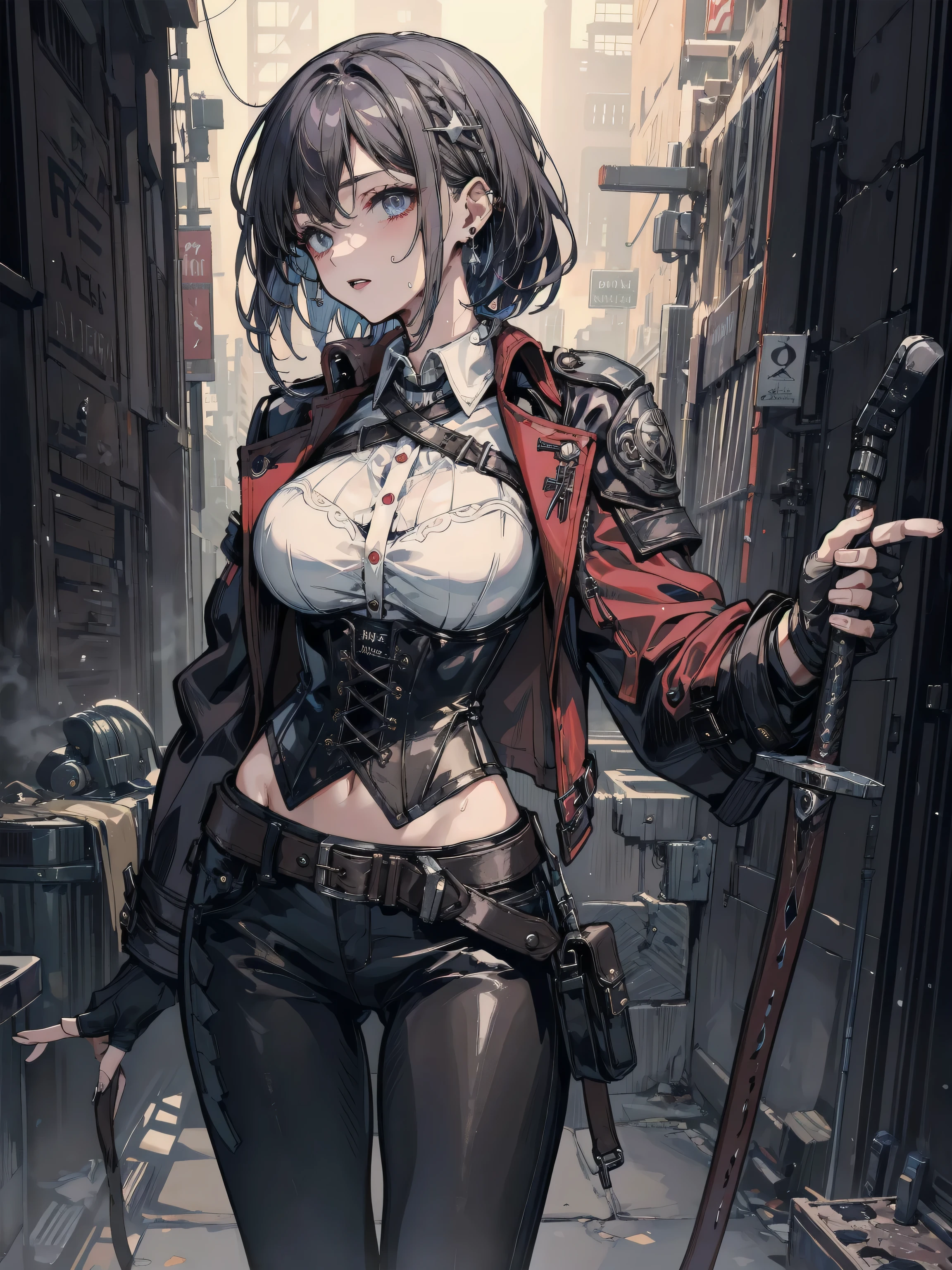 dark and torn, 1 young beautiful muscular body, fierce expression, holding a gun, (colors in your clothes, warm, orange, yellow, violet:1.3), standing in a desolate wasteland, dramatic lighting, intense shadows, sandy texture, tall contrast, vibrant colors, dynamic pose, powerful posture, rough background, explosive atmosphere, dystopian theme, surreal elements, digitally painted illustration, high definition resolution, intricate details, dramatic composition, avant-garde and chaotic brushstrokes, Gothic style, intense emotions, epic scale, raw and gritty feeling, Captivating and provocative works of art.., (at night, darkness:1.5)