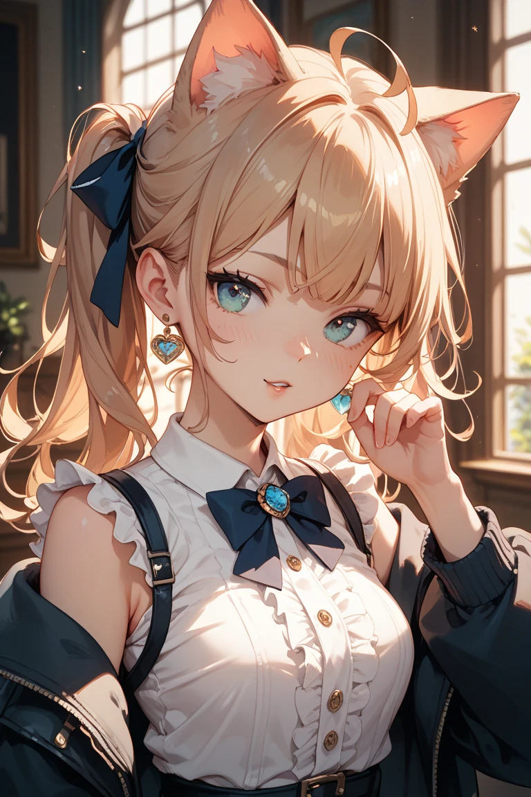 small girl, beautiful, medium hair, blue eyes, blond hair, cat ears