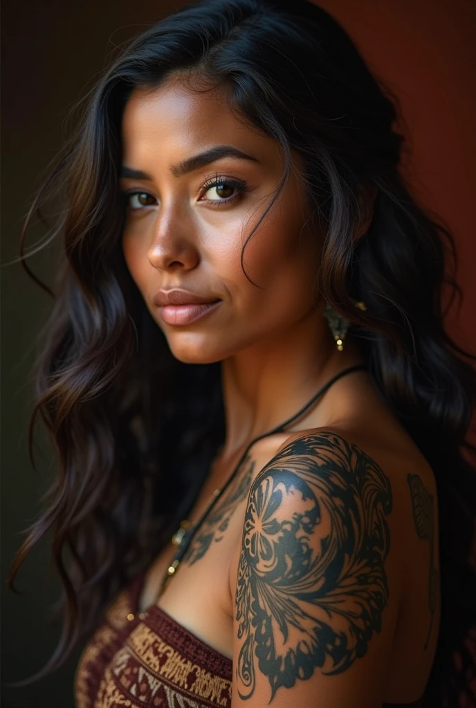 Photographie naturelle de profil pour instagram ;une belle fille colombienne, de 22 ans, long cheveux. Avec un tatouage et un piercing au nombril.
