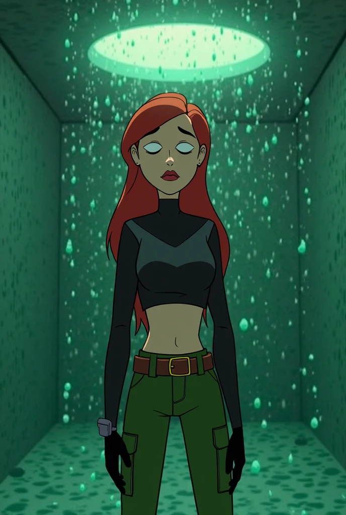 Genera una imagen de Kim Possible in an Underwater backrooms completely flooded with water, trapped inside, making a music video, with red hair, wearing green cargo pants with a brown spy belt for accessories, gadgets, and spy devices, a short long-sleeved black shirt with midriff slightly exposed, black short spy gloves, Sleeping, Eyes Closed, water completely dyed green for the music video, trapped between 4 walls like a box, Wet Clothes, Wet Hair, Wet Gloves, Wet Body, Totally completely wet inside and outside, original animated version from Disney Channel mixed in 3D with NVIDIA RTX 5090 Gaming graphics, RTX ON, Cyberpunk 2077, 4K HD, 4D, Videogame, PC Game, PC Videogame, (Kim Possible, Disney, 2002) 2002