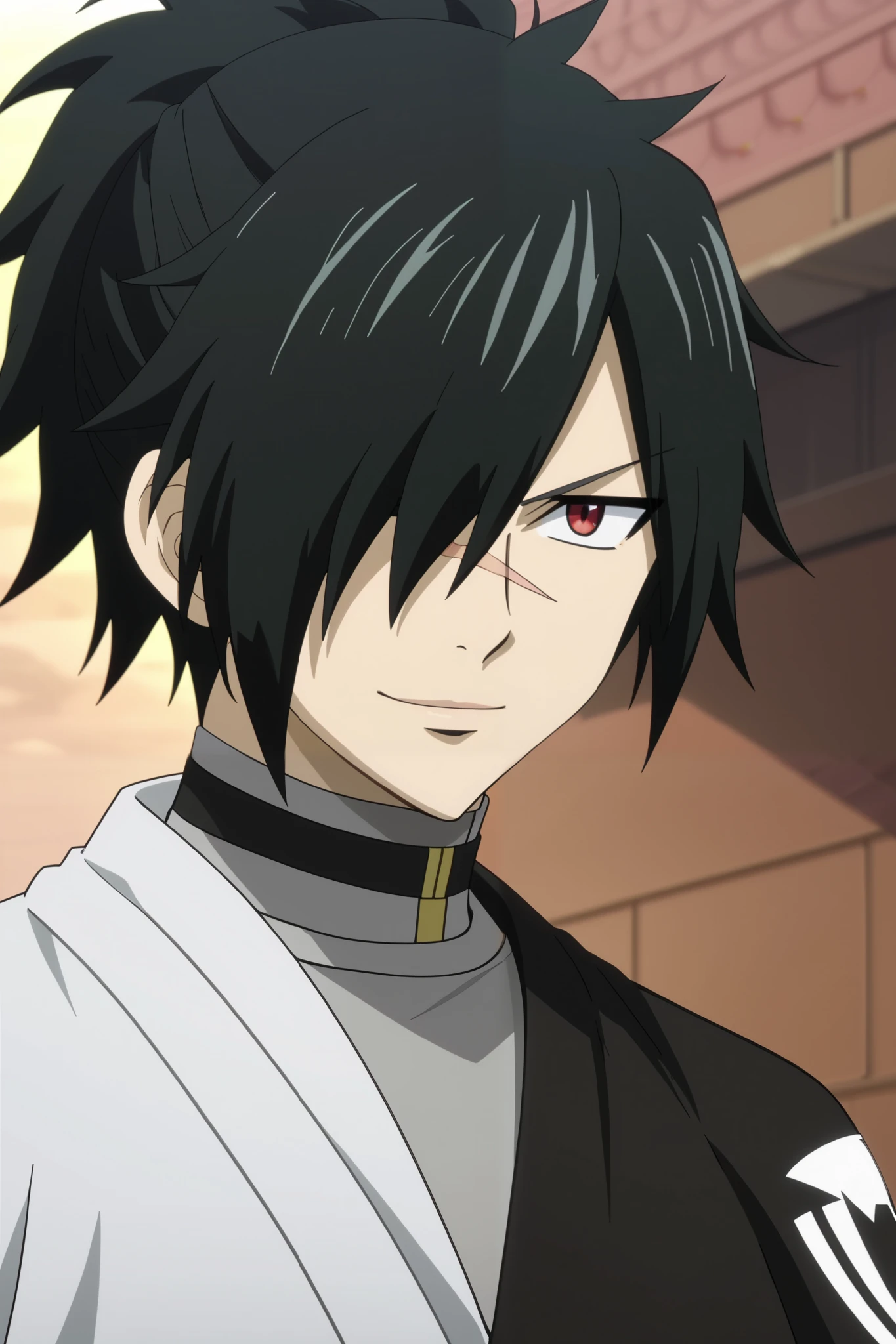 score_9, score_8_up, score_7_up, source_anime, rating_safe, intricate details, anime screencap, 1boy, solo, male focus, rogue_cheney, black hair, red eyes, ponytail, hair over one eye, scar, tattoo, close-up, happy, a light gray sleeveless shirt, tight to the body, with dark details and a black choker at the neck. He wears dark, tight-fitting pants tucked into long boots. On top, she sports a light cape that falls to her hips, adding a mysterious touch. His arms are covered by long leather gloves, completing his style as a disciplined and elegant warrior, cute boy expression, closed-mouth smile, relaxed eyebrows, blush