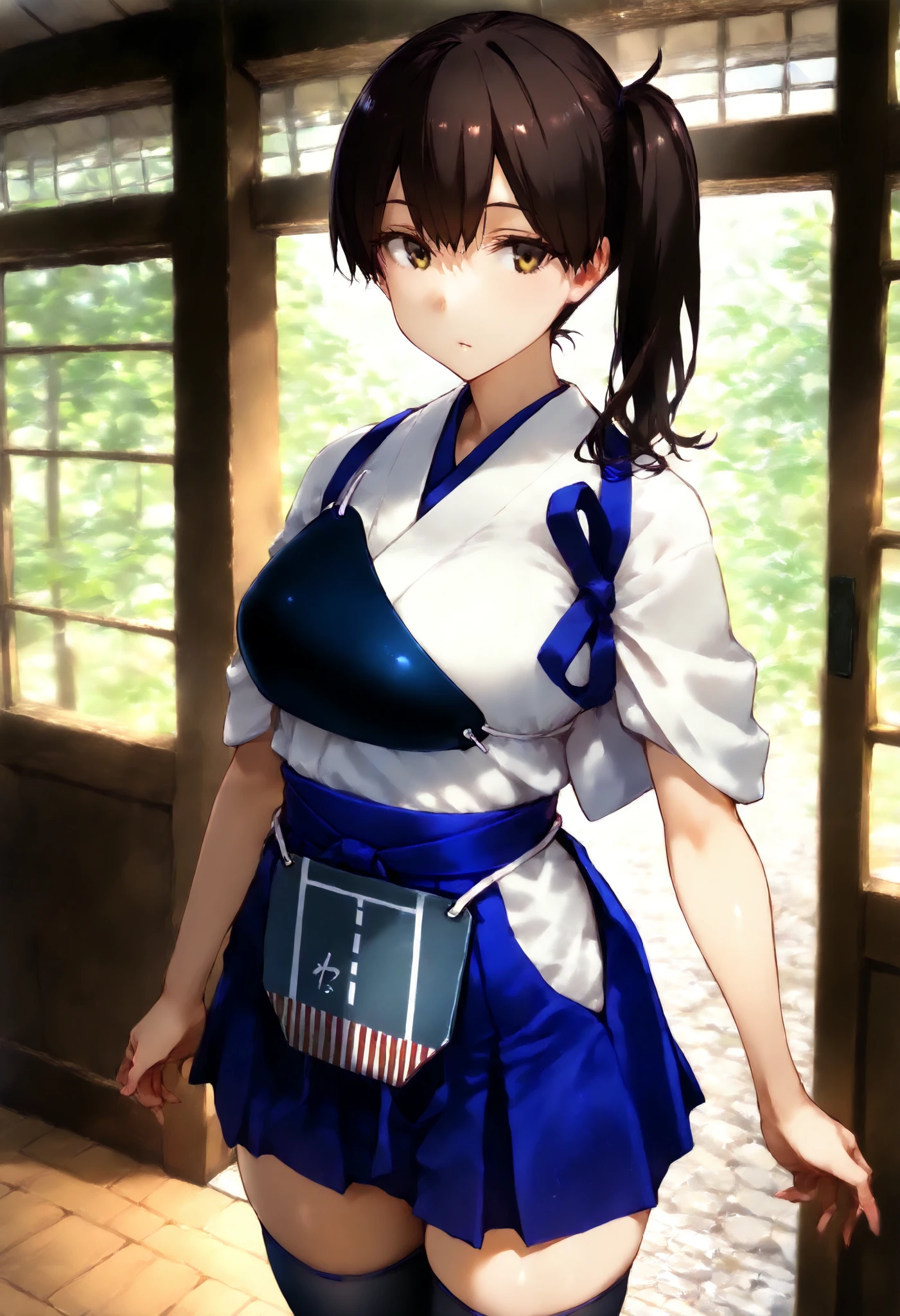 Kaga(Fleet Collection),highest quality, masterpiece, High resolution,kimono,blue skirt,side ponytail,big_breasts,