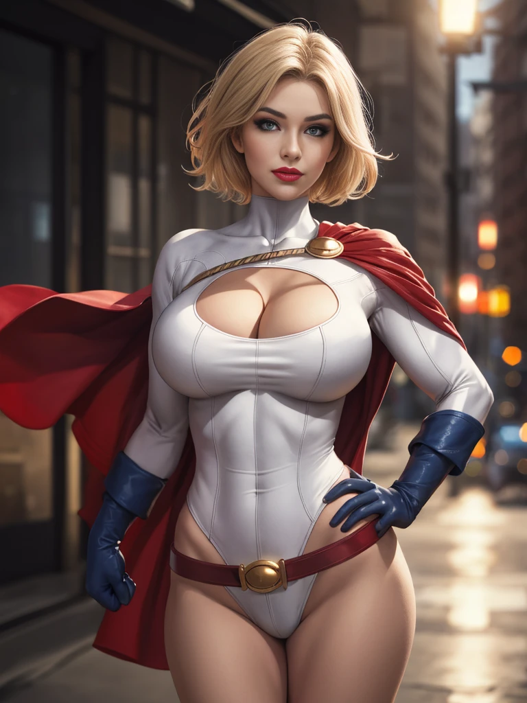 sempre em 正面,pose,gazing at viewer,standing alone, break,
animated cartoon_CC_powerful_ownwaifu, www.ownwaifu.featuring,
breastsout, hair blonde, blue colored eyes, large breastsout, shorth hair, lips, thicc thighs, make up, lipstick, muscular, muscular female, thick thicc thighs, huge breastsout, red lips, crotch, curved,
neckleace, neckleace cutout, clothing cutout, Super heroi, waist belt, blue gloves, red cloak, collant branco, leg high leotard, leg high, loose waist belt, high collar,
offcial art,Extremely detailed CG 8k unity wallpaper, lighting perfeita,colorfully, Ablaze_正面_face_lighting,pele Ablaze, (work of art:1.0),(better_品質:1.0), ultra high resolution,4K,ultra detali, fot, 8K, hdr, high resolution, (absurderes:1.2), Kodak porta 400, Film grain, nblurry background, (bokeh:1.2), Lens flare, (Vibrant_Farbe:1.2),fot profissional, (comely_face:1.5),