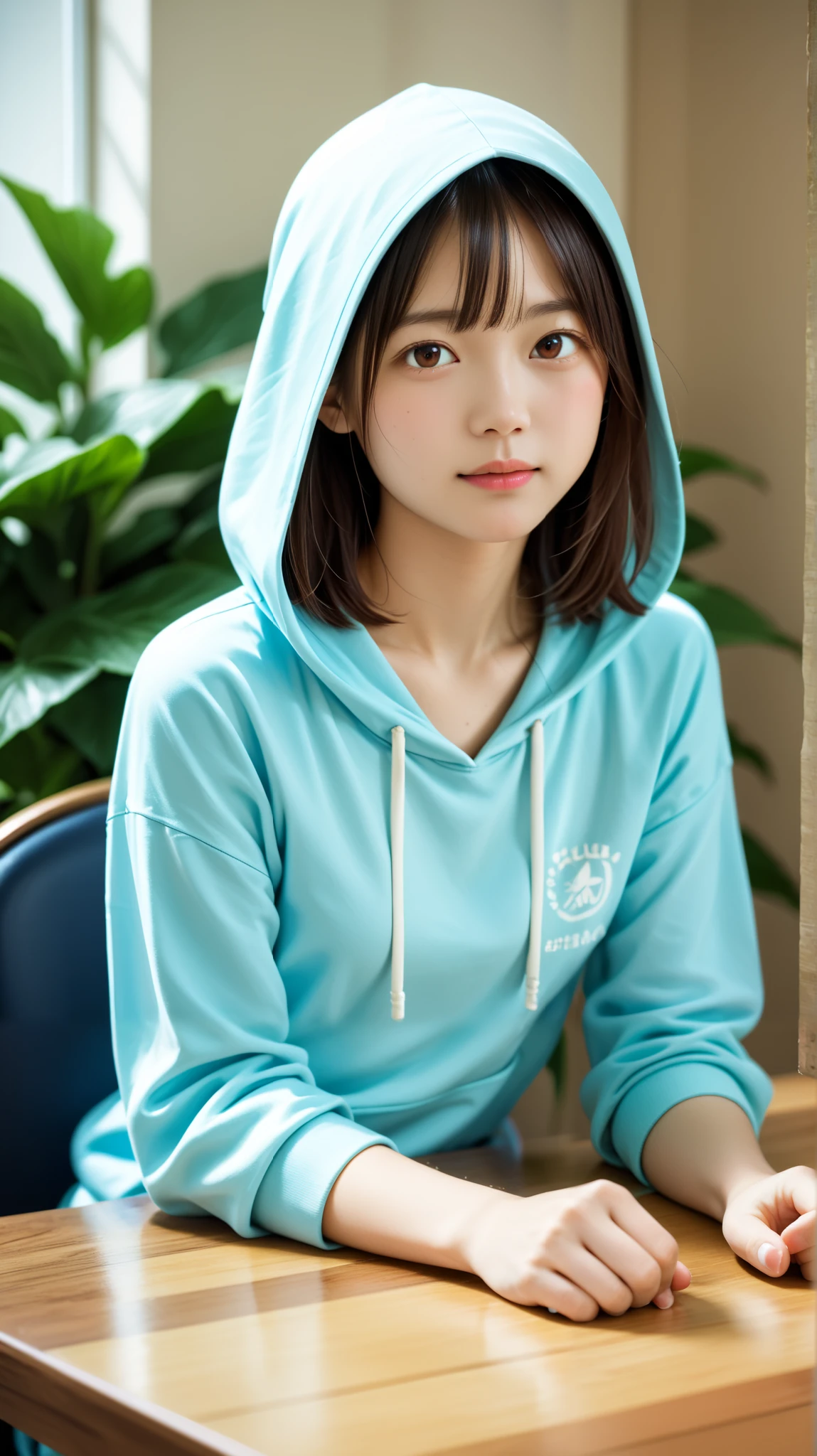 (top quality, table top:1.2, ultra high definition, realistic:1.5), RAW photo, FILM GRAIN, Japanese woman, pretty girl, clear white skin 、hoodie 、 眼鏡をかけた美しい肌 、thin, soft and smooth hair 、 、 nothing 、 one girl 、 My Room、 Plant leaves
