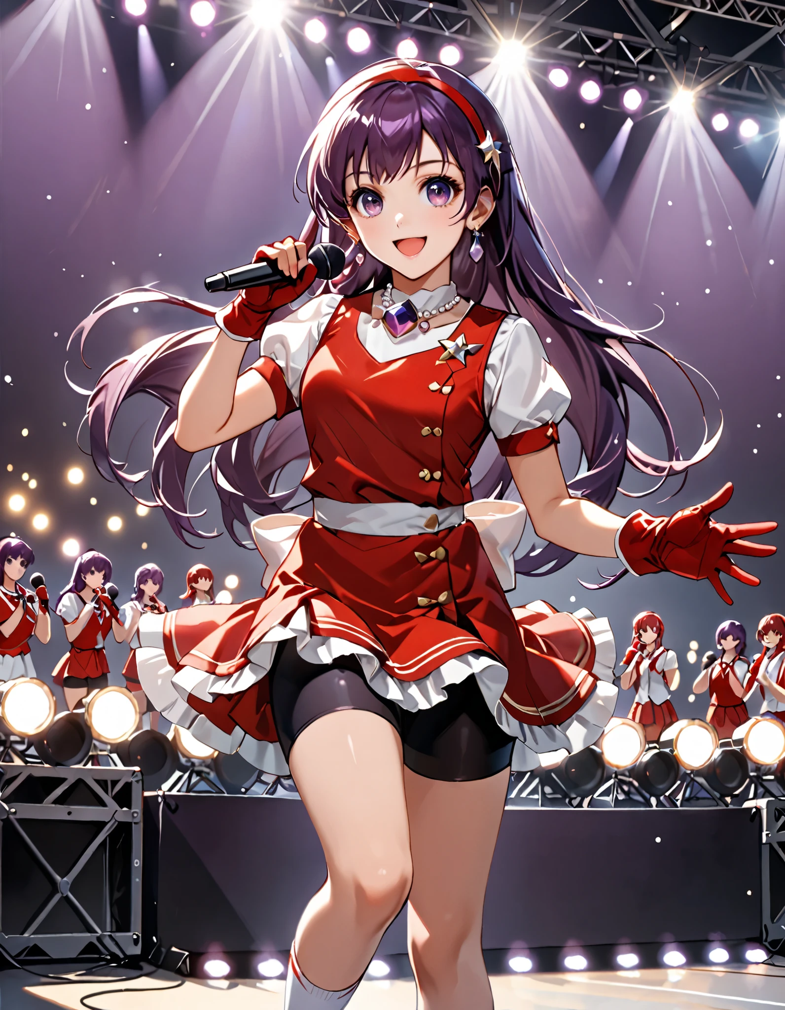 masterpiece, best quality, high res, highly detailed, 8k, 1girl, solo, solo focus, asamiya athena, purple eyes, purple hair, long hair, red hairband, earrings, red vest, red skirt, bike shorts, gloves, red gloves, fingerless gloves, white socks, red shoes, (pearl (gemstone), necklace), (full body portrait), (stage lights), (holding microphone:1.25, cute idol pose:1.1), looking at viewer, smile, :d, solo, solo focus, standing, cowboy shot, (fix hands:1.3)