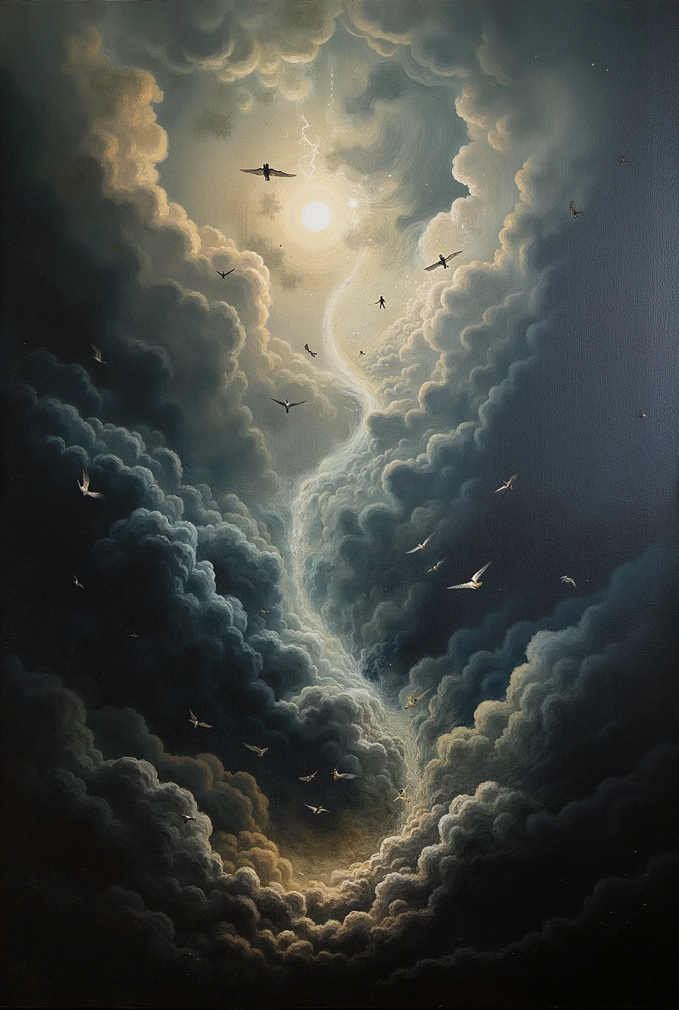 An Epic dark late classical gothic horror Romantic, detailed impasto thick brush details oil painting, dark late century mysticism, supernatural and terrifying yet fascinating masterpiece of an epic battle of good and evil, a group of angels in a monstrous and awe inspiring battle with demons, dark gothic esoterica vivid and ominous dark art, angels and demons lore, incredible detail, visual marvel, the smoky dark thick clouds from the raging battle in the sky creates a feeling of existential dread,nightmarefuel, gothic horror, ancient religion and fantastical folklore rich and textured, foreboding, moody and atmospheric art by Michelangelo, Leonardo da Vinci, Zdzisław Beksiński, friedrich David Caspar, Francis bacon, and Edward munch, the sky is a vivid dark sinister and black and white smoke from the heavens, defeated angels and demons fall to earth, as they battle to the end, post apocalyptic and dramatic storm clouds, andcinematic composition I’m in the sky, epic scale, intricate details, spectacular artistic fusion, massive scale::1.6, incredible proportions, unnerving and harrowing, alternative history, ritualistic avant garde graphic oil painting, highly detailed, perfect strokes