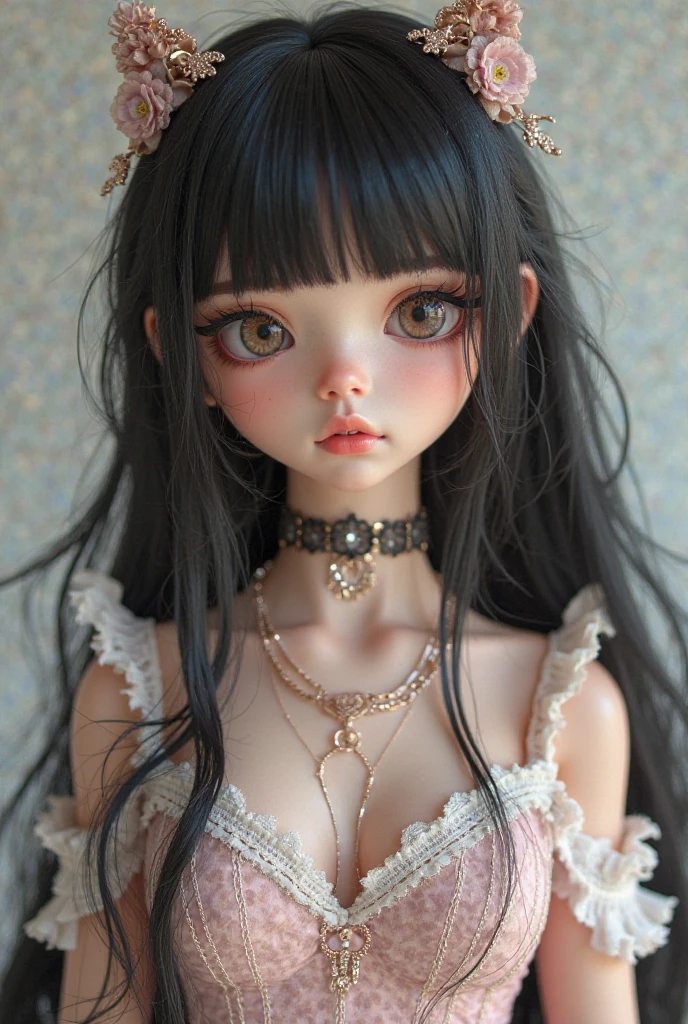 Top quality masterpiece illustrations、Black hair and black eyes、Wearing multiple necklaces、Wearing earrings、Little girl in black and white fancy dress looking up、Cute and elegant face with long hair in the upward view. The angle of the lower body is fair.、More hair details、