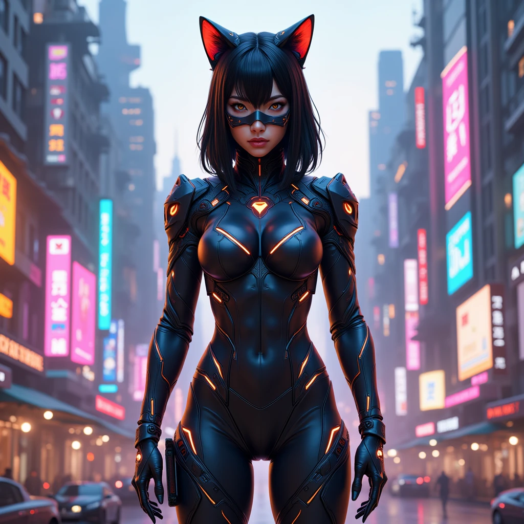 Beautiful image of Reika Shimohira as a (Cyberpunk Nekomata catgirl), slender body, cat ears, cat tail, ((kneeling on edge of rooftop)), ((dynamic pose)), science fiction, (cyberpunk city in the background), Gantz, Cyberpunk 2077, Ultra realistic photo, masterpiece, best quality, CG, wallpaper, HDR, high quality, high-definition, extremely detailed, {beautiful detailed face}, {beautiful detailed eyes}, (detailed light){{intricate detail}}, {highres}, ((detailed face)), neon light, chiaroscuro, key visual, intricate detail, highly detailed, breathtaking, vibrant, cinematic lighting, 18+, Nsfw