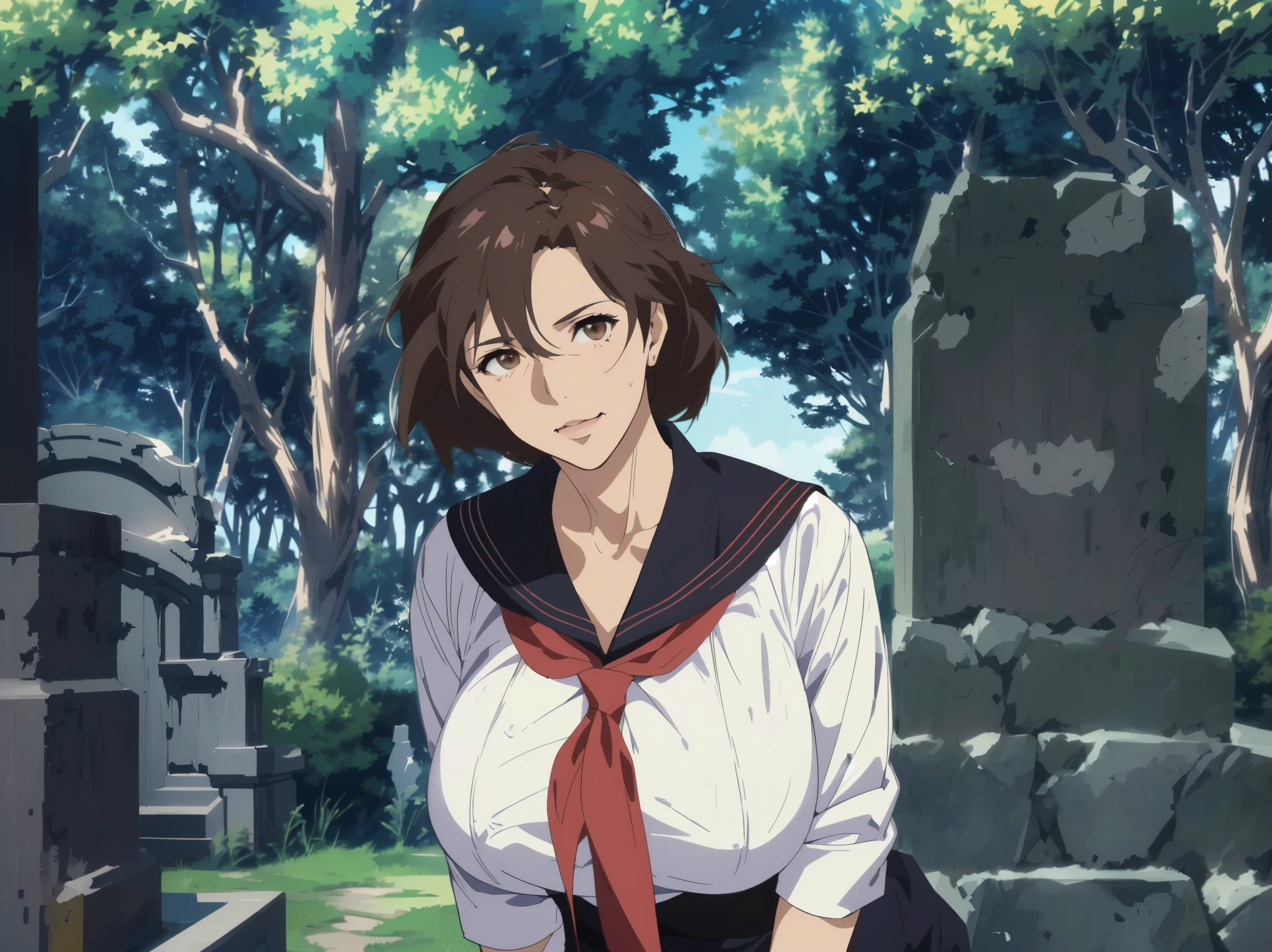 apanese graveyard anime scene in midsummer,(Extremely hot sunshine:1.2) ,best quality, bright、mature mom,, Quiet mature Mom , ((( Wrinkles Around His Eyes and Mouth :1.2)))、detailed face, brown hair, Mesh Bang Hairstyle, brown eyes, (Big Breasts), shy and embarrassed mature mom, (mature mom in tight and white sailor suit:1.3) ,(red scarf with black nose:1.4)、 realistic high school mature mom , female protagonist 👀 :8, Bewitching Anime mature mom , Makoto Shinkai ( Apex Legends ), Fine details, a hyper realistic high school mature mom , charming anime mature mom, Makoto Shinkai art style, Makoto Shinkai style, Makoto Shinkai. Digital Rendering , Makoto Shinkai and Artgerm, Fubuki, Makoto Shinkai!, Makoto Shinkai!!,