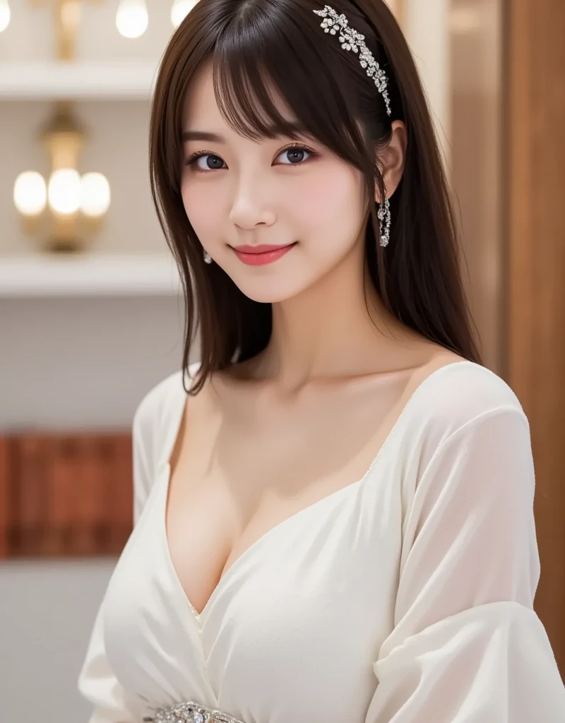 Tabletop, Highest quality, figure, Super detailed, In detail, High resolution, 8k wallpaper, Perfect dynamic composition, Beautiful attention to detail, dress,Medium Hair, ,Big ample breasts, Natural color lip, Random sexy poses,smile，Tokyo、20-year-old girl，cute,Full Body Lesbian、