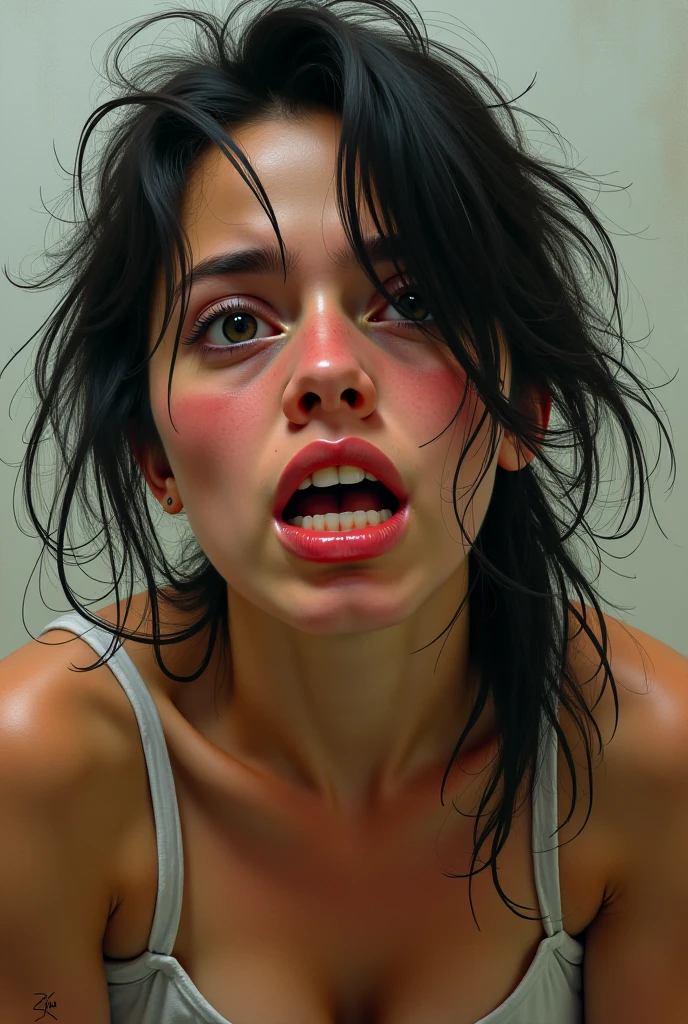 punctuation_9, punctuation_8_High above, punctuation_7_High above, break, (open air, summer day:1.2), head tilted back, leaning on the wall, leg flexion, cute, Round face, long black hair with ponytail, alternative vibe, age 25, (italian woman:1.3), medium olive skin, high cheekbones, stunning brown eyes, extra large breasts, subtle cleavage, (cozy lounge), top cropped branco oversized, mini-skirt, dynamic angle, Vibrant Lighting, hight contrast, dramatic shadows, highy detailed, skin detailed, Depth of field, Film grain, nua Cumshots,big dick 