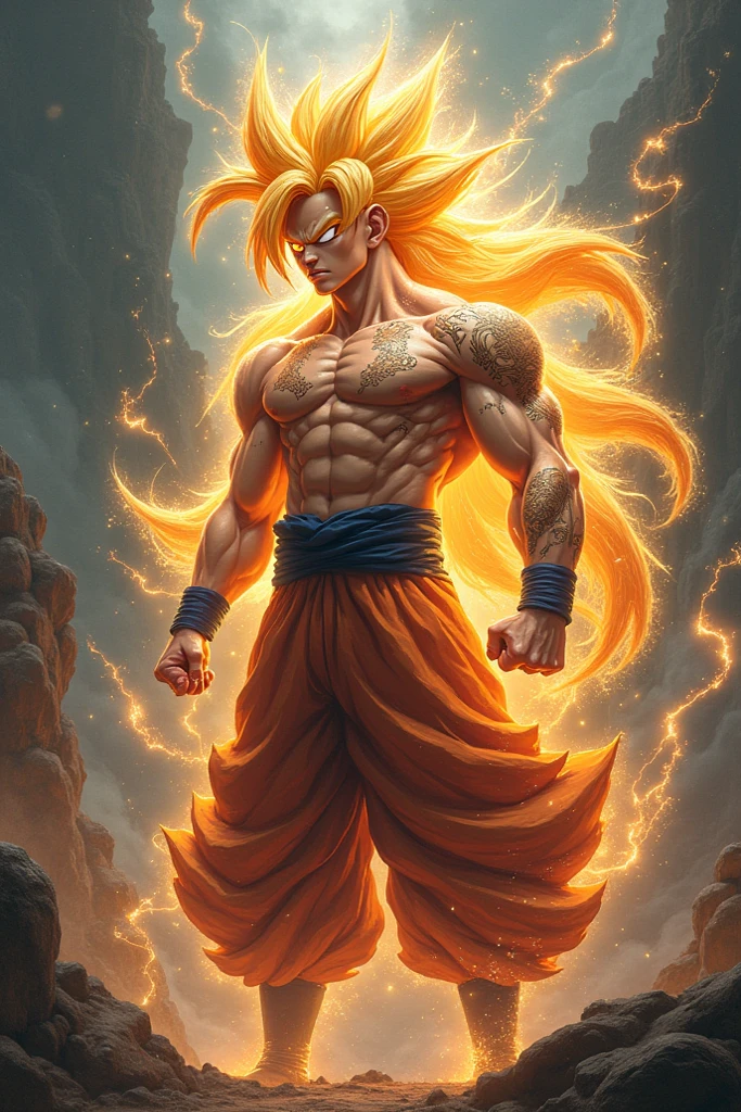 man with muscle , yellow hair, super saiya, dragon ball, lightening