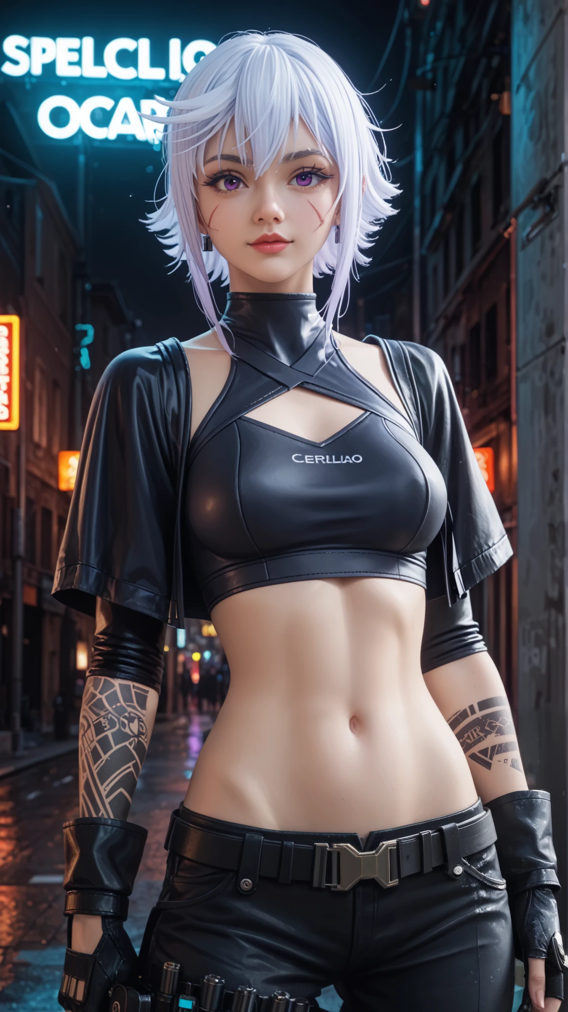 Puntuación 9, Puntuación 8, Puntuación 7, Fuente del anime, Konsubáeris, Eris, cabello corto, cabello blanco, cicatriz, ojos morados. A hyper-realistic portrait of Eris wearing a cyberpunk-inspired outfit. She has short white hair, slightly messy, and intense purple eyes with a small scar on her cheek. She wears a black cropped top with futuristic symbols, exposing her toned midriff. Her arms are adorned with cybernetic tattoos and fingerless gloves. She pairs it with black tactical pants, multiple belts, and metallic accessories. The background is a dystopian alley illuminated by neon lights, mixing cold and warm tones. She has an intense and confident gaze. Cinematic lighting, ultra-detailed textures, 8K resolution, dynamic composition. --v 6 --ar 9:16 --style raw --q 2 --stylize 1000