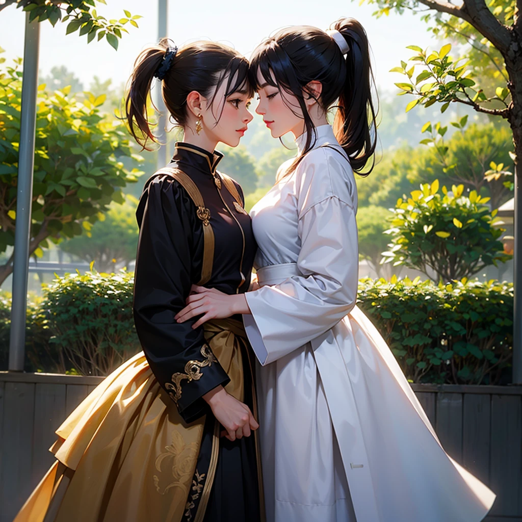 Two Girls、Bun hairstyle to twin tailasterpiece, Highest quality, Korean elements、Hanfu、Become a friend, fun, Happy, bright, long,mysterious