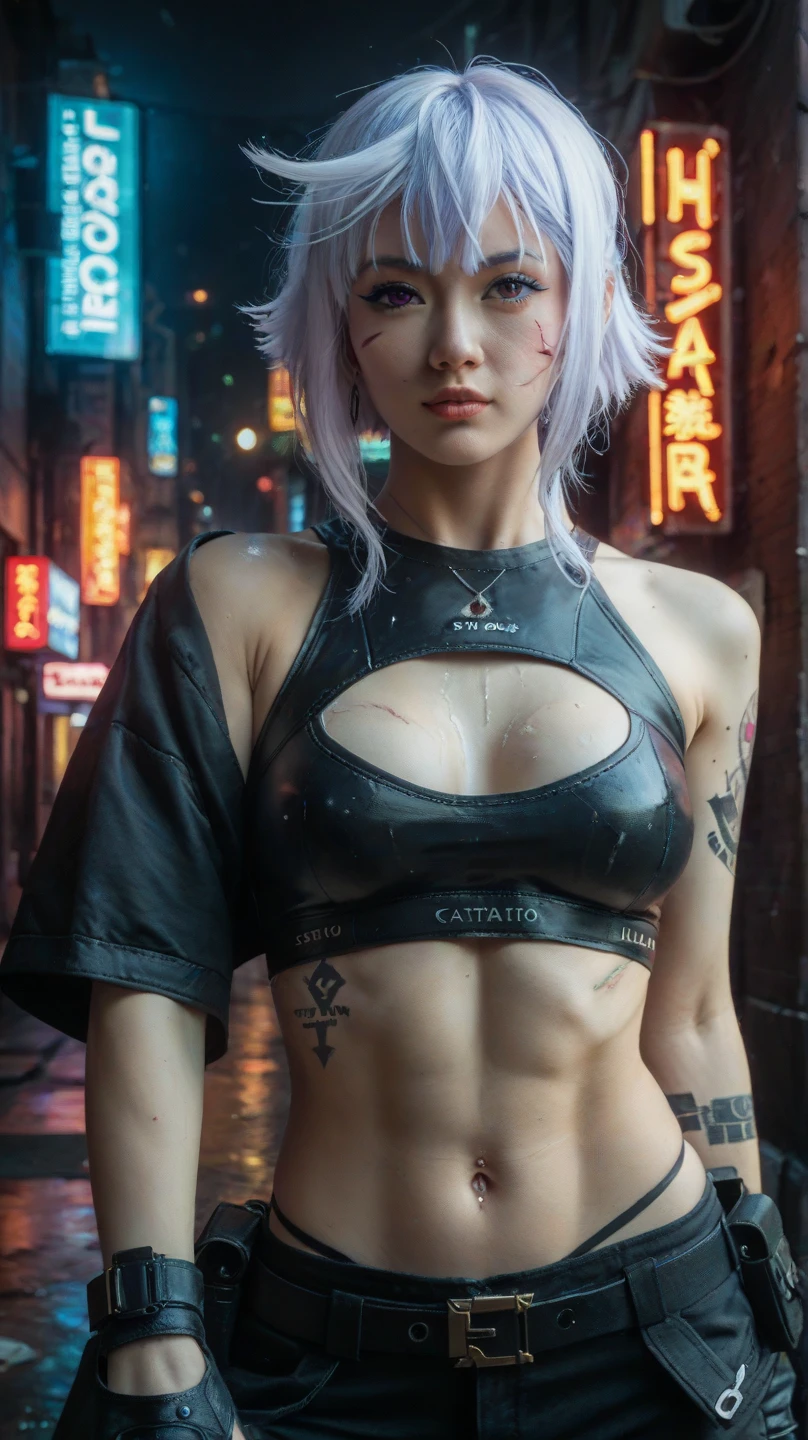 (photorealistic:1.8, highest quality:1.8,8K masterpiece:1.8,High resolution,muste piece:1.8,RAW Photos,cinematic lighting),No split screen, cyber punk、Back alley of the city at night、rain-soaked ground、vapor、 (1 android girl:1.3)、Completely naked、full body tattoo、dragon tattoo、choker、beautiful breasts、shirt、Denim Micro Shorts、beautiful butt,beautiful thighs,plump nipples、Nipples are visible through the costume,cameltoe,Body painting with a pop design drawn all over the body、pop art design、cutting edge fashion、conceptual art、 (Beautiful, shining pale-white, gray-gold hair:1.5)、Wistful