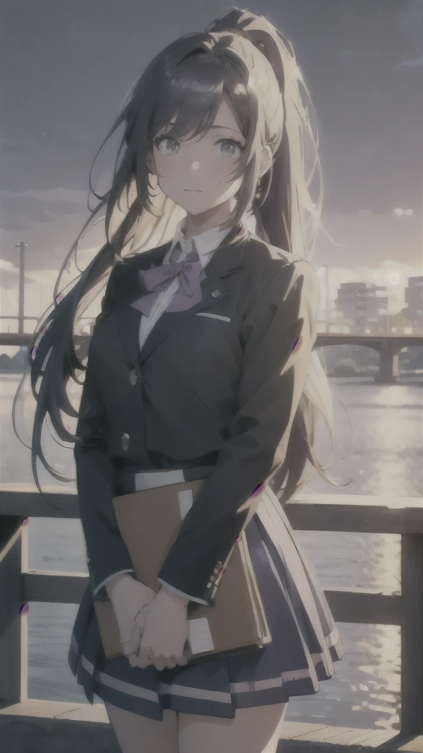 masterpiece, best quality, 8k uhd, hyper-detailed, (solo:1.3), (anime style:1.2), (purple long straight hair:1.3), (ponytail: 1.3), (large amber eyes with long eyelashes:1.3), gentle warm smile, 3/4 view, (school uniform:1.3): crisp white dress shirt with red silk ribbon, tailored dark blue blazer, pleated light short gray skirt, knee-high black socks, polished brown leather loafers background: Megami Bridge in Nagasaki, crystal clear sky pose: standing gracefully, one hand delicately touching hair, other hand holding textbook lighting: soft golden hour sunlight, rim lighting on hair and uniform edges effects: subtle bokeh, slight chromatic aberration, cinematic color grading