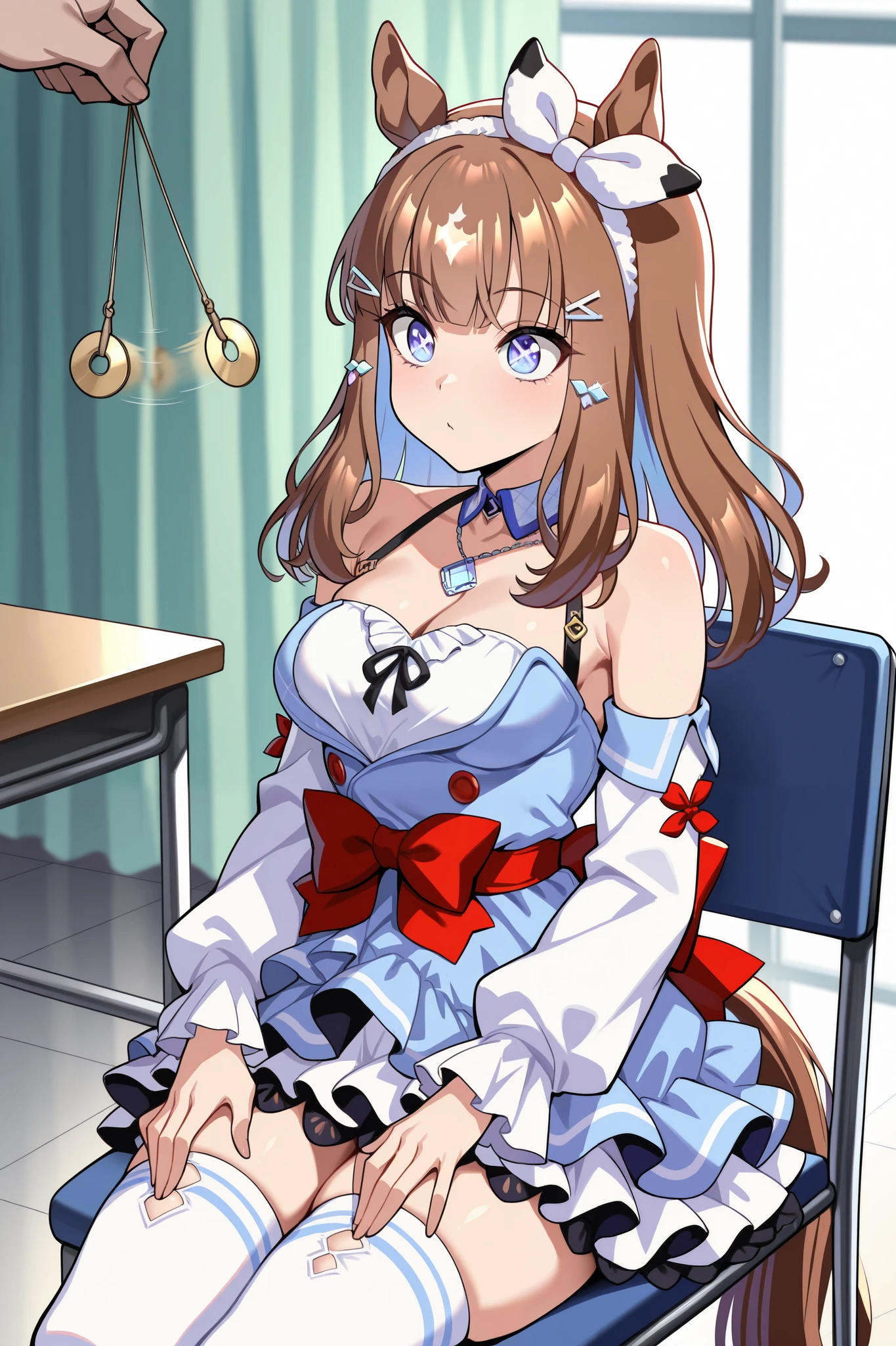 (masterpiece, ultra high definition, 16k, RAW photo, intricate), (sharp focus, crisp details), rich colors, vibrant details, noise reduction, 1girl , ((almond eye \( Uma Musume\)), (One Pendulum , Swinging pendulum, Pendulum before her eyes:1.9), Another person's hand holds a pendulum, Infirmary, sitting chair, Put your hands on your thighs, official costume, Motion line, motion Effect, (cowboy shot), blue eyes, x-shaped pupils, sparkling eyes, hairband , (red ribbon), blue dress, detached sleeves, frills, bare shoulders, medium breasts, bow, layered skirt, horse tail, white thighhighs, necklace, (Very slim thighs), simple background, blur the background, nsfw