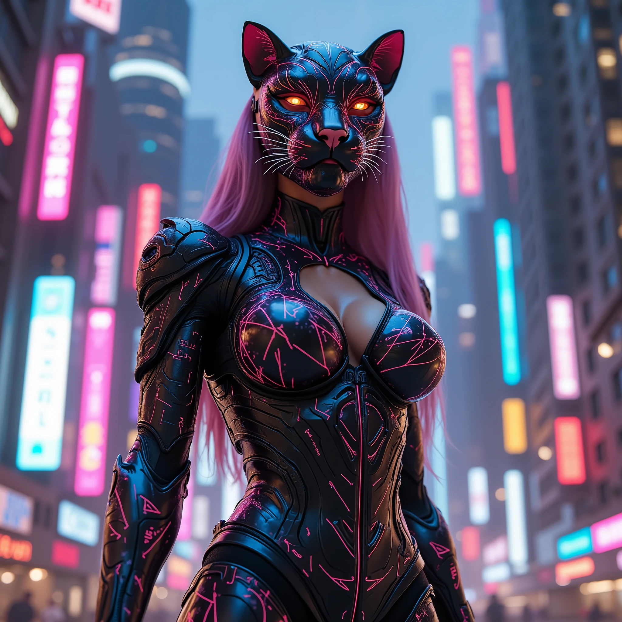 Woman in a futuristic suit and wearing a panther mask standing in the city、Cyberpunk Art Inspired by Marek Okon、 Trending 、Digital Art、Hero Pose with Colorful City Lights、3D Rendered Character Art 8k、Girl Wearing Mecha Cyber Armor、Very beautiful girl in cyberpunk、Cyberpunk Judy Alvarez、ross tran 8 k、Cyberpunk Art Style、 cyber suit 