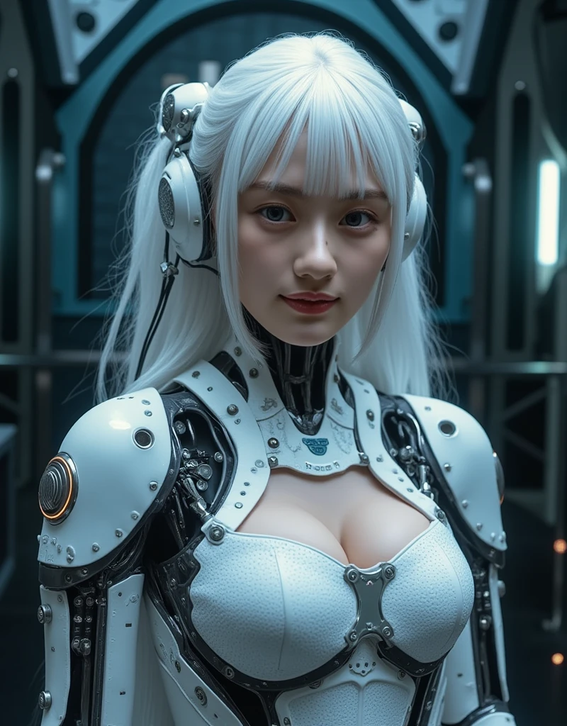 (((1girl,staight long shinning white hair,Plump long hair,cyborg,sslim, elegant,robotic parts))),complex 3d render ultra detailed of a beautiful porcelain profile woman android face,looking at viewer, smile, full body,, 150 mm,((computer warning screen background)), beautiful studio soft light, rim light, vibrant details, luxurious cyberpunk, lace, hyperrealistic, anatomical, facial muscles, cable electric wires, microchip, elegant, beautiful background, octane render, H. R. Giger style, 8k, best quality, masterpiece, illustration, an extremely delicate and beautiful, extremely detailed ,CG ,unity ,wallpaper, (realistic, photo-realistic:1.37),Amazing, finely detail, masterpiece,best quality,official art, extremely detailed CG unity 8k wallpaper, absurdres, incredibly absurdres,  robot, silver halmet