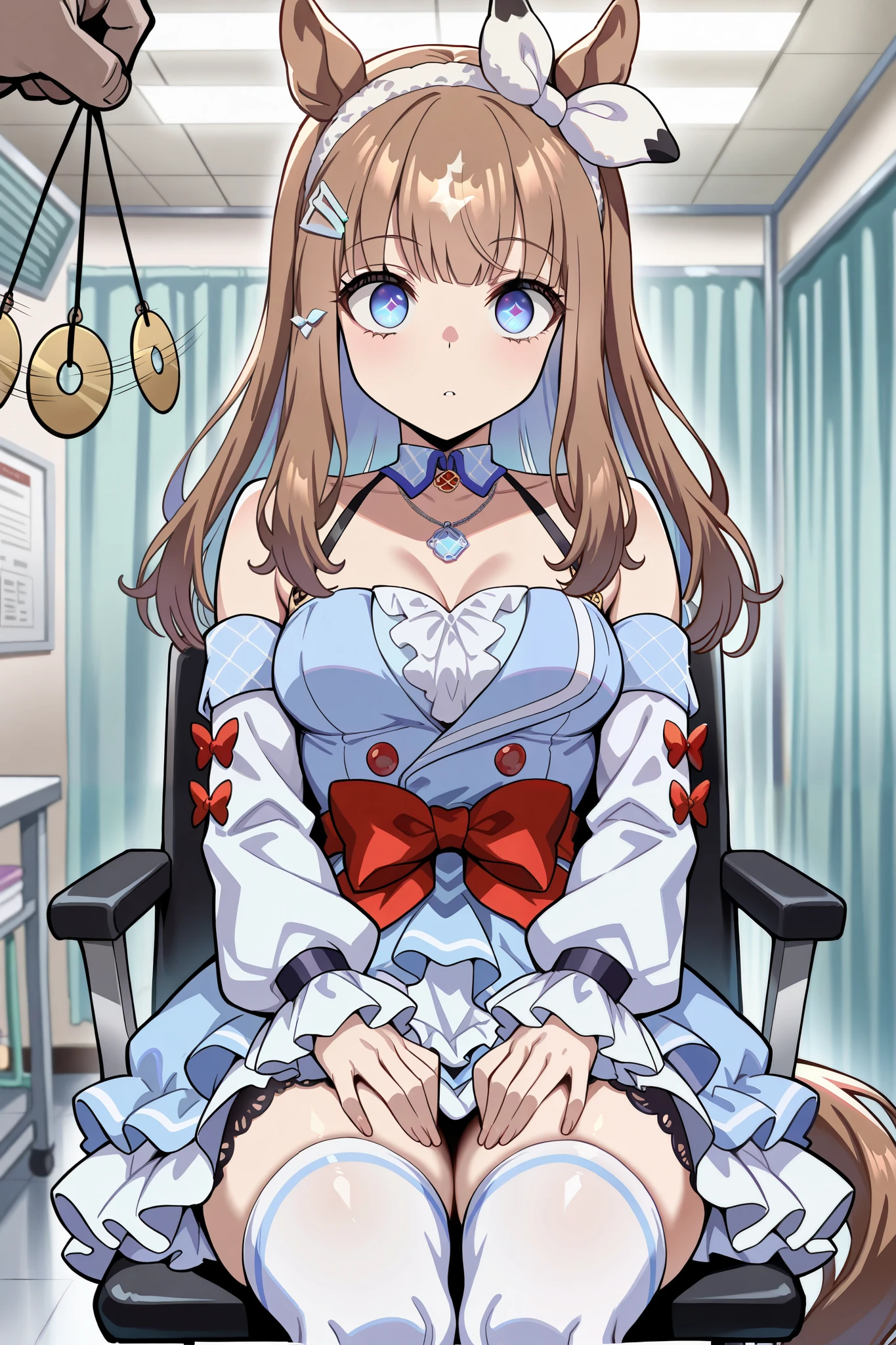 (masterpiece, ultra high definition, 16k, RAW photo, intricate), (sharp focus, crisp details), rich colors, vibrant details, noise reduction, 1girl , ((almond eye \( Uma Musume\)), (One Pendulum , Swinging pendulum, Pendulum before her eyes:1.9), Another person's hand holds a pendulum, (empty eyes:1.9), Infirmary, sitting chair, Put your hands on your thighs, official costume, Motion line, motion Effect, (cowboy shot), blue eyes, hairband , (red ribbon), blue dress, detached sleeves, frills, bare shoulders, medium breasts, bow, layered skirt, horse tail, white thighhighs, necklace, (Very slim thighs), simple background, blur the background, nsfw
