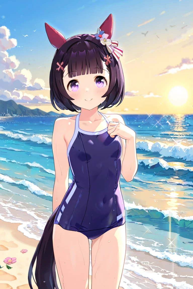 ((masterpiece)), ((best quality)), ((highres)), ((extremely detailed CG unity 8k wallpaper)), solo, <lora:shigure:0.8>, shigure_neko, beach, school swimsuit, :3, cat ears, blunt bangs, purple eyes, bob cut, black hair