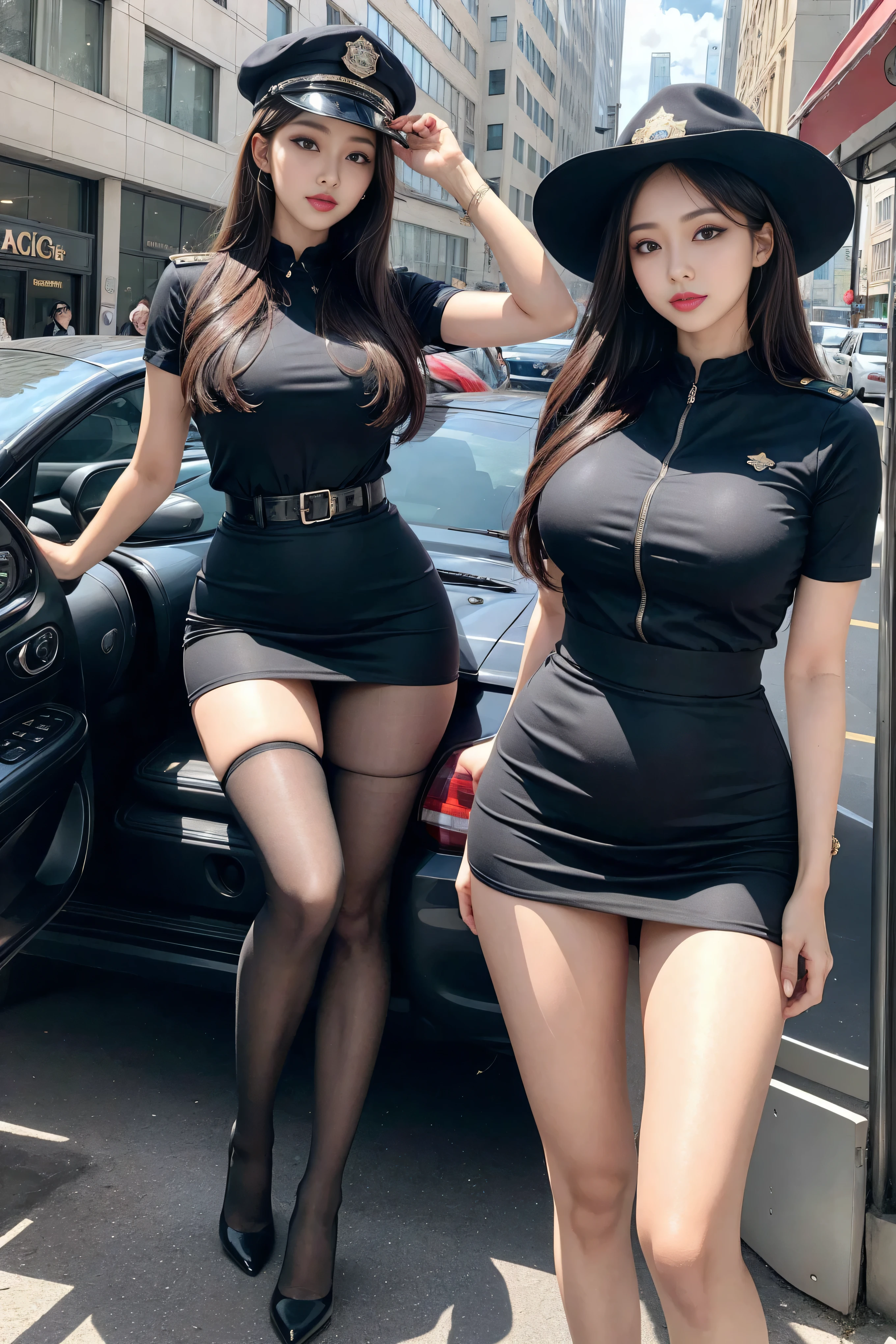 poses in a city police car , photo,Sexy bulge, police officials, wear, Bobby, official, , Full set of clothing, Female Sheriff, K-pop idol ,Tight,Hips Wrapping Skirts,Tight hip skirt,high heels,Pear-Shaped Body,blue eyes,Double eyelid long lashes , sexy and plump lips ,(Sexy long legs:1.4),(Thigh gap:1.5),Wide hips,S-Shaped Body, Hip lift,Wear United States,Wear a police hat 。