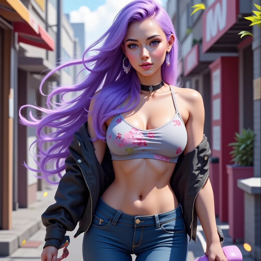 mujer hermosa, ojos azules , cabello rosa, en bikini , estililo cyber en la ciudad