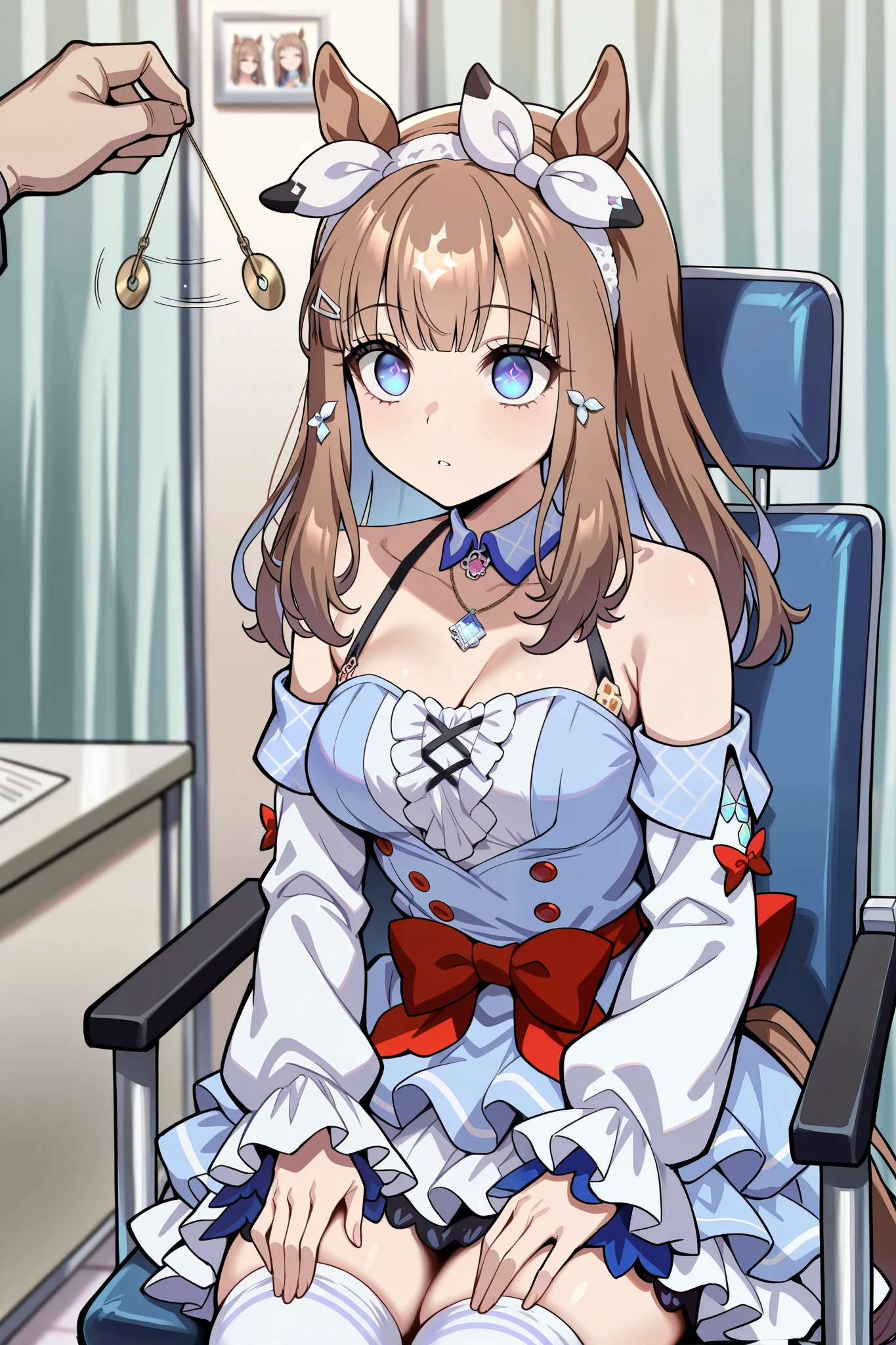 (masterpiece, ultra high definition, 16k, RAW photo, intricate), (sharp focus, crisp details), rich colors, vibrant details, noise reduction, 1girl , ((almond eye \( Uma Musume\)), (One Pendulum , Swinging pendulum, Pendulum before her eyes:1.9), Another person's hand holds a pendulum, (empty eyes, half closed eyes:1.9), Infirmary, sitting chair, Put your hands on your thighs, official costume, Motion line, motion Effect, (cowboy shot), blue eyes, hairband , (red ribbon), blue dress, detached sleeves, frills, bare shoulders, medium breasts, bow, layered skirt, horse tail, white thighhighs, necklace, (Very slim thighs), simple background, blur the background, nsfw