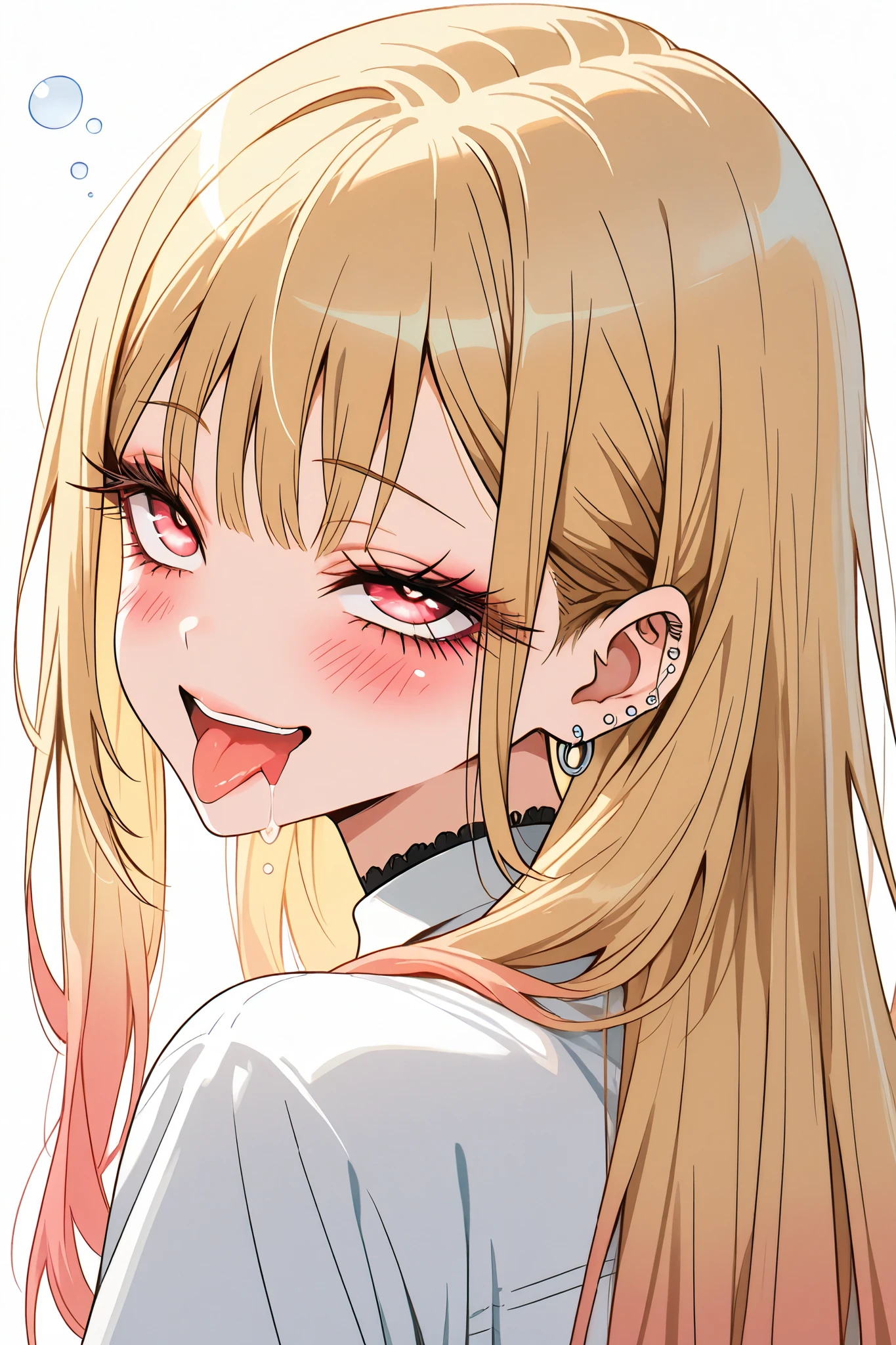 marin_kitagawa,1 female,solo,pretty,
white background,
upper body,from behind,
blonde,long hair,side part bang,cut bangs,
colored inner hair,
red eyes,beautiful eyes,
big eyes,slant eyes,sleepy eyes,
long eyelashes,
white shirts (1.3),
smile,blushing,drooling,tearful eyes,
rolling eyes,open mouth,tongue out,
perfect face,beautiful skin,
anatomically correct,Highest quality,
masterpiece,high image quality