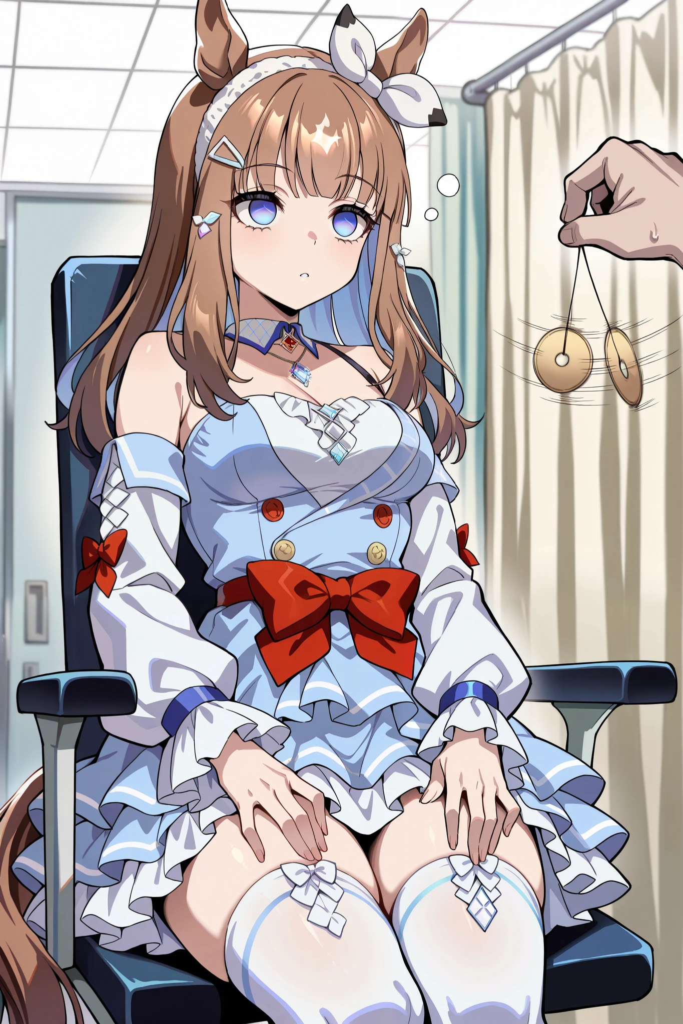 (masterpiece, ultra high definition, 16k, RAW photo, intricate), (sharp focus, crisp details), rich colors, vibrant details, noise reduction, 1girl , ((almond eye \( Uma Musume\)), (One Pendulum , Swinging pendulum, Pendulum before her eyes:1.9), Another person's hand holds a pendulum, (empty eyes, half closed eyes, Sleepy eyes:1.9), Infirmary, sitting chair, Put your hands on your thighs, official costume, Motion line, motion Effect, (cowboy shot), blue eyes, hairband , (red ribbon), blue dress, detached sleeves, frills, bare shoulders, medium breasts, bow, layered skirt, horse tail, white thighhighs, necklace, (Very slim thighs), simple background, blur the background, nsfw