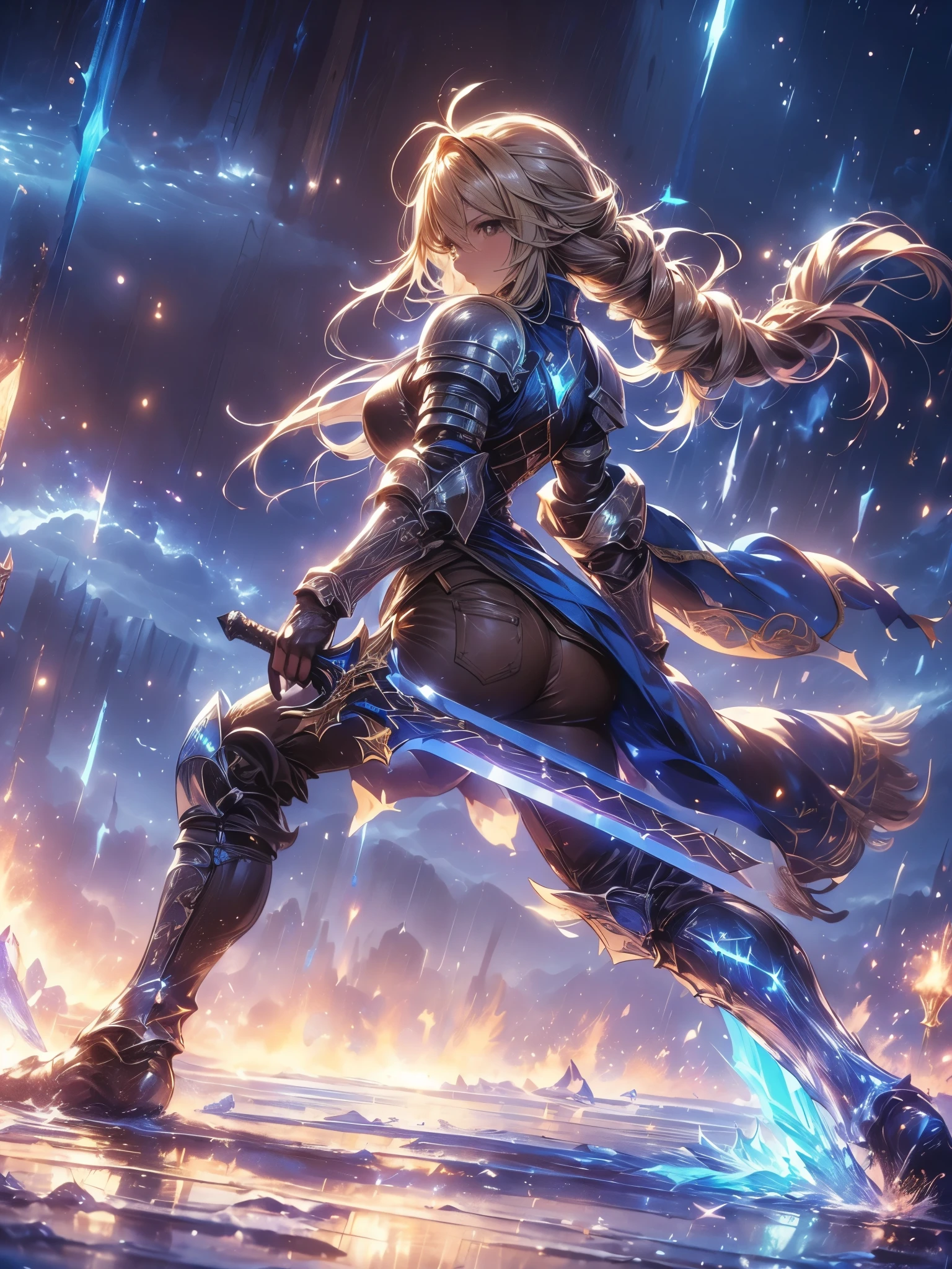 (Agrias Oaks\(Final Fantasy Tactics\) , score_9 , score_8_Excellent , score_7_Excellent , 32K , detailed description 、 A Girl Holding a Sword Destroys , Luxurious Sword , blond hair , braided ponytail , brown eyes , shoulder armor , armor , corset , (brown pants:1 . 3) , Knee pads , blue dress , brown gloves , pants , Cross Race Boots , Big Breasts , combat posture , dynamic angle , (\(Become , European Sword , , glows blue\):1 . 4)\) , (Holding a straight sword , a blue aura shining from her whole body) , Picture of a Female Paladin , Destruction of animated fantasy art , background\ long hit , dynamic angle , There's a giant crystal on the ground , 青い月と星のbackground , night sky , (alone:1 . 6 )(top quality)) , (ultra high definition) , (Super Detail)