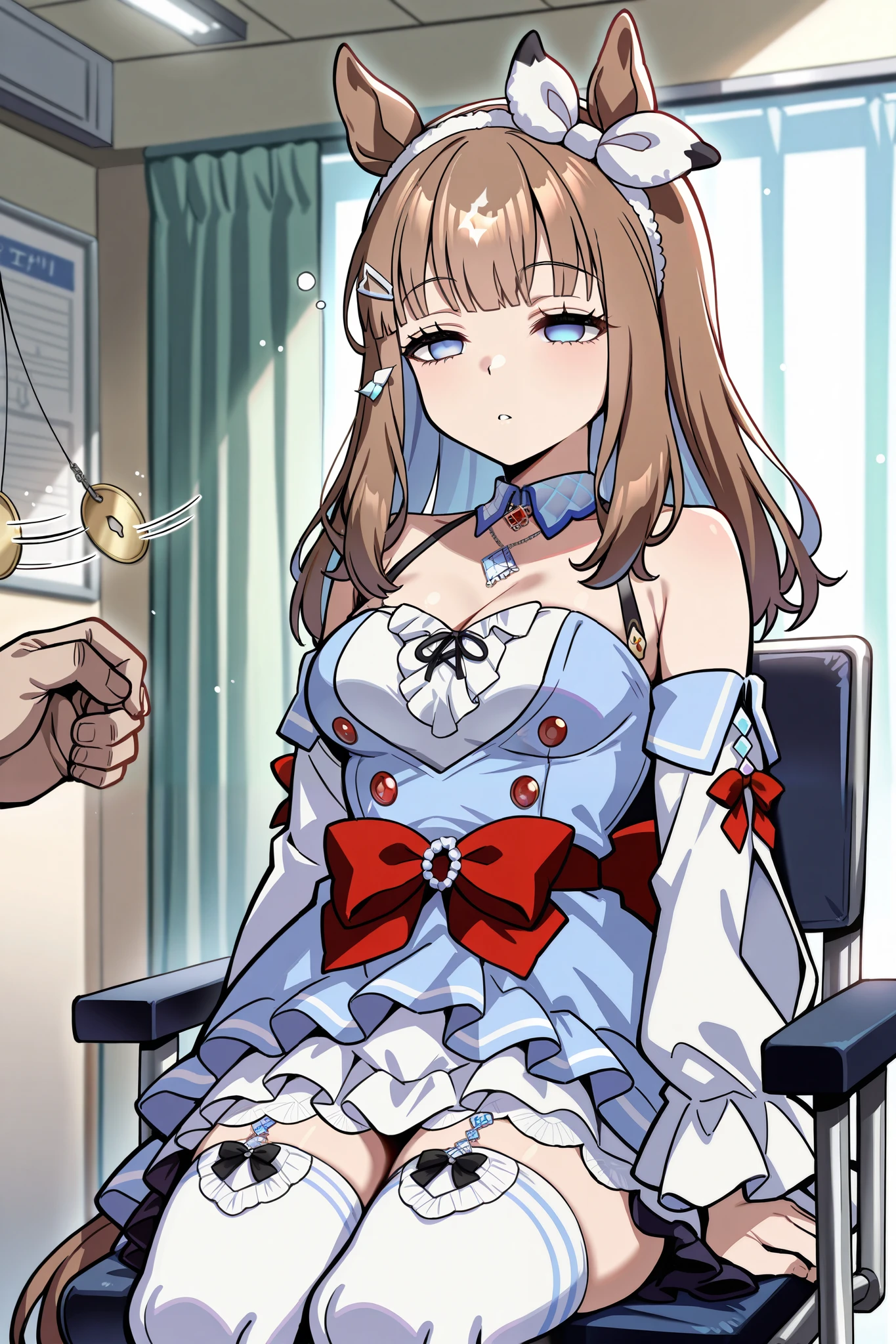 (masterpiece, ultra high definition, 16k, RAW photo, intricate), (sharp focus, crisp details), rich colors, vibrant details, noise reduction, 1girl , ((almond eye \( Uma Musume\)), (One Pendulum , Swinging pendulum, Pendulum before her eyes:1.9), Another person's hand holds a pendulum, (empty eyes, half closed eyes, Sleepy eyes:1.9), Infirmary, sitting chair, Place your hands at your sides., Sluggish hands, official costume, Motion line, motion Effect, (cowboy shot), blue eyes, hairband , (red ribbon), blue dress, detached sleeves, frills, bare shoulders, medium breasts, bow, layered skirt, horse tail, white thighhighs, necklace, (Very slim thighs), simple background, blur the background, nsfw