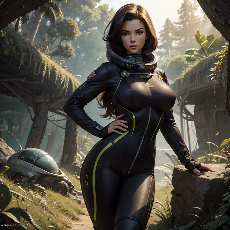 (Muscular:2), (thick thighs:1), (large round breasts:1), (large muscular chest and shoulders:1.4), FEMALE, brown hair, long brown hair, (big smile:0), (wearing a tight spacesuit:1.5), looking at viewer, (three quarter view:1.2), upper body view, (smoky forest at night:1.5), dark lighting, detailed skin, detailed eyes, (dark skin:1.4), (very thin waist:1.3), (huge round muscles:1.5),