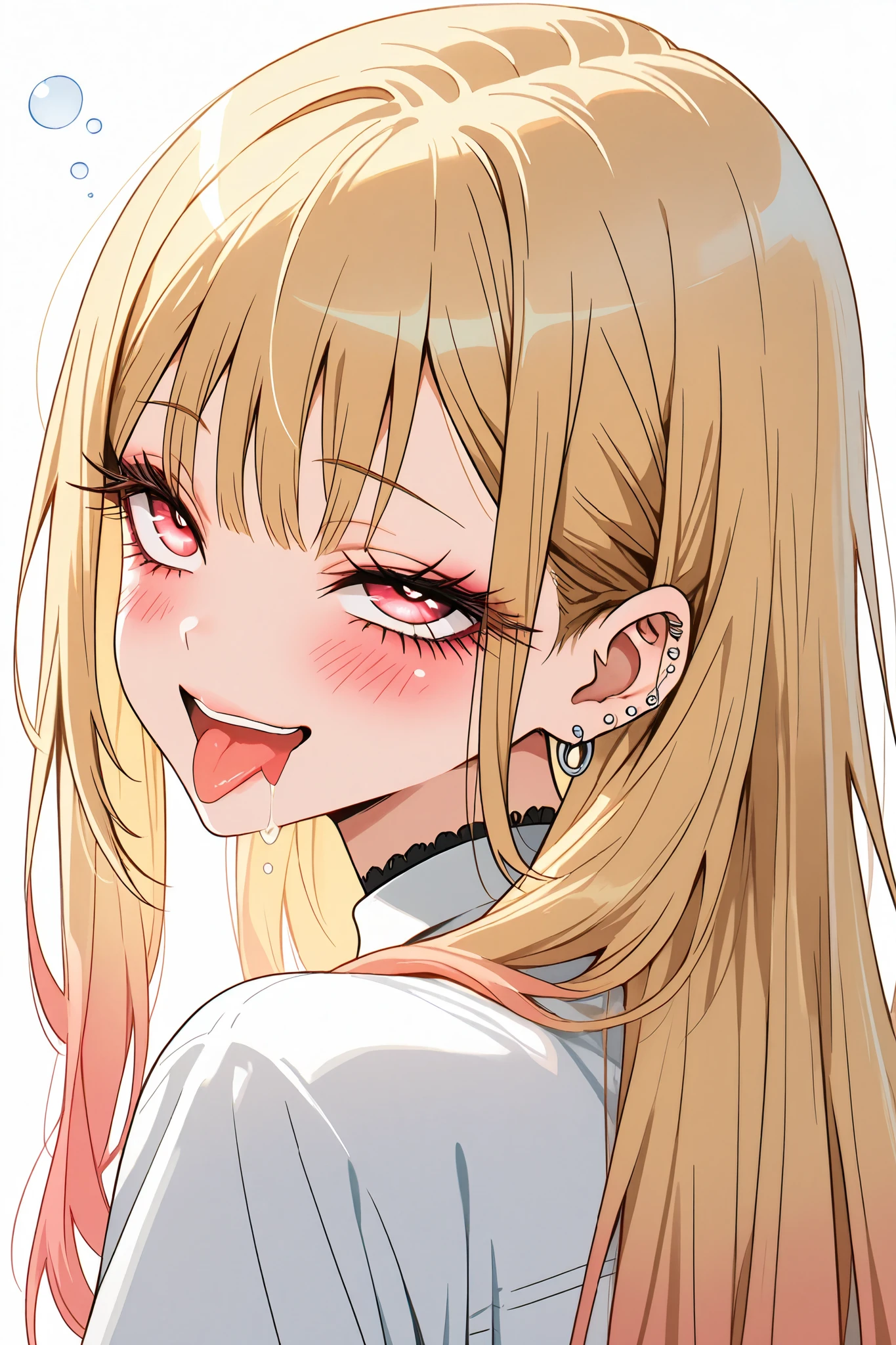 marin_kitagawa,1 female,solo,pretty,
white background,
upper body,from behind,
blonde,long hair,side part bang,cut bangs,
colored inner hair,
red eyes,beautiful eyes,
big eyes,slant eyes,sleepy eyes,
long eyelashes,
white shirts (1.3),
smile,blushing,drooling,tearful eyes,
rolling eyes,open mouth,tongue out,
perfect face,beautiful skin,
anatomically correct,Highest quality,
masterpiece,high image quality