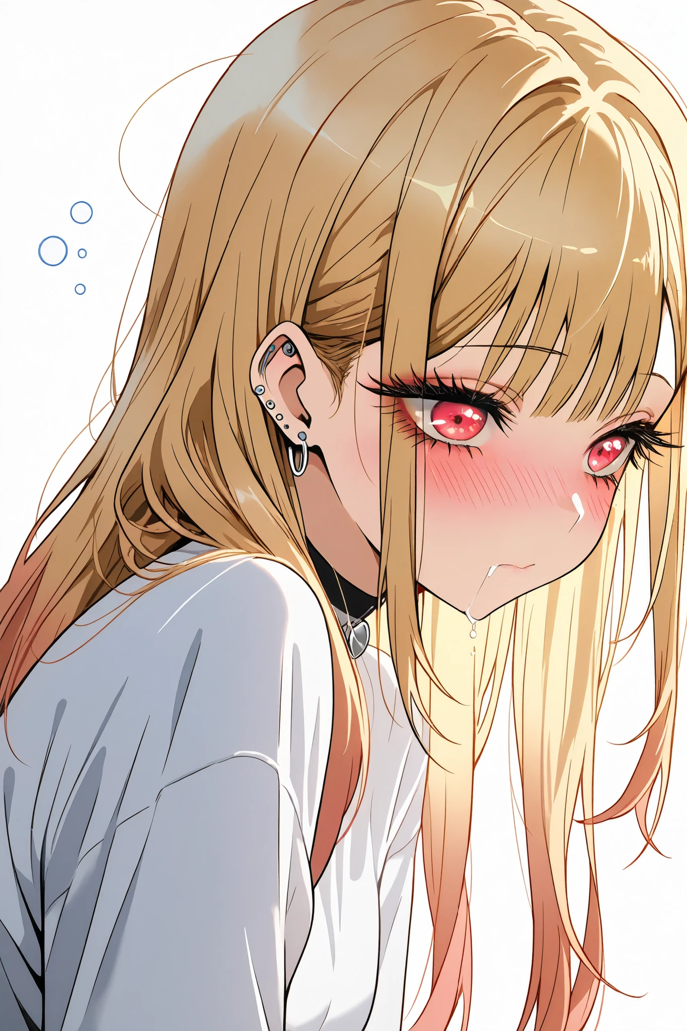 marin_kitagawa,1 female,solo,pretty,
white background,
upper body,from upper,
blonde,long hair,side part bang,cut bangs,
colored inner hair,
red eyes,beautiful eyes,
big eyes,slant eyes,sleepy eyes,
long eyelashes,
white shirts (1.3),
sulk,blushing,drooling,tearful eyes,
perfect face,beautiful skin,
anatomically correct,highest quality,
masterpiece,high image quality