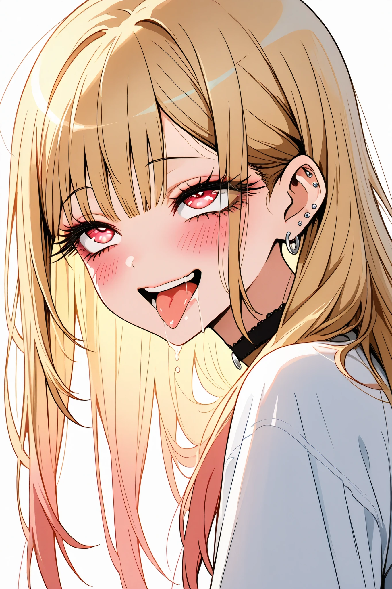 marin_kitagawa,1 female,solo,pretty,

white background,
upper body,from side,

blonde,long hair,side part bang,cut bangs,
colored inner hair,

red eyes,beautiful eyes,
big eyes,slant eyes,sleepy eyes,
long eyelashes,

white shirts (1.3),

smile,blushing,drooling,tearful eyes,
rolling eyes,open mouth,tongue out,

perfect face,beautiful skin,
anatomically correct,Highest quality,
masterpiece,high image quality