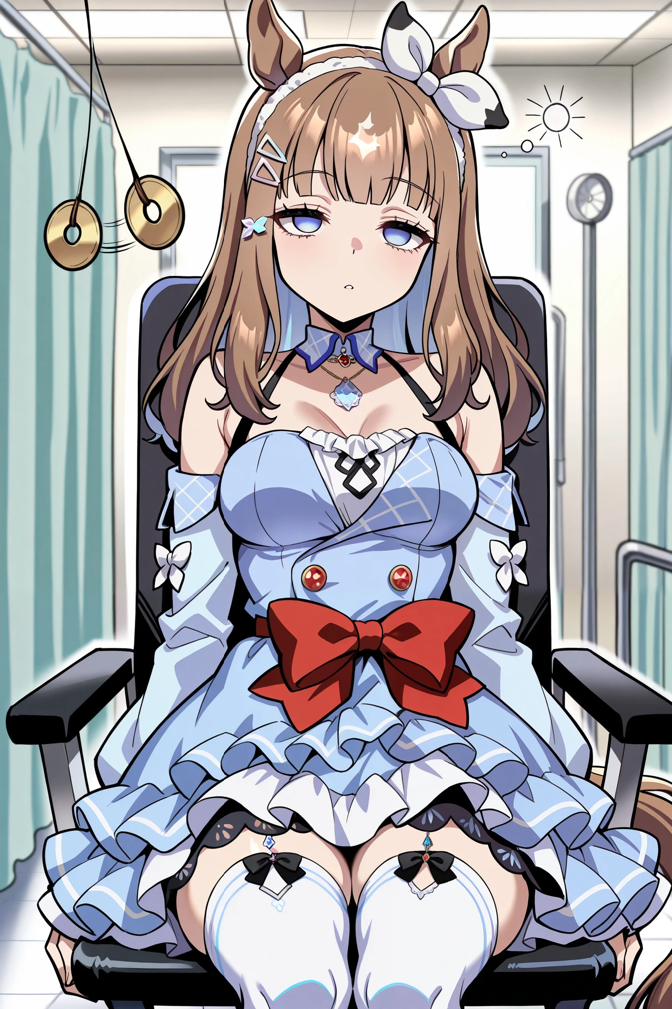 (masterpiece, ultra high definition, 16k, RAW photo, intricate), (sharp focus, crisp details), rich colors, vibrant details, noise reduction, 1girl , ((almond eye \( Uma Musume\)), (One Pendulum , Swinging pendulum, Pendulum before her eyes:1.9), Another person's hand holds a pendulum, (empty eyes, half closed eyes, Sleepy eyes:1.9), Infirmary, sitting chair, Place your hands at your sides., Sluggish hands, official costume, Motion line, motion Effect, (cowboy shot), blue eyes, hairband , (red ribbon), blue dress, detached sleeves, frills, bare shoulders, medium breasts, bow, layered skirt, horse tail, white thighhighs, necklace, (Very slim thighs), simple background, blur the background, nsfw