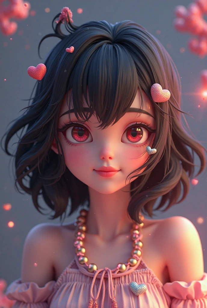 I want a character for my roblox channel with the following characteristics: ,brown dark eyes,black or brown hair,skin fair,stretched hearts background