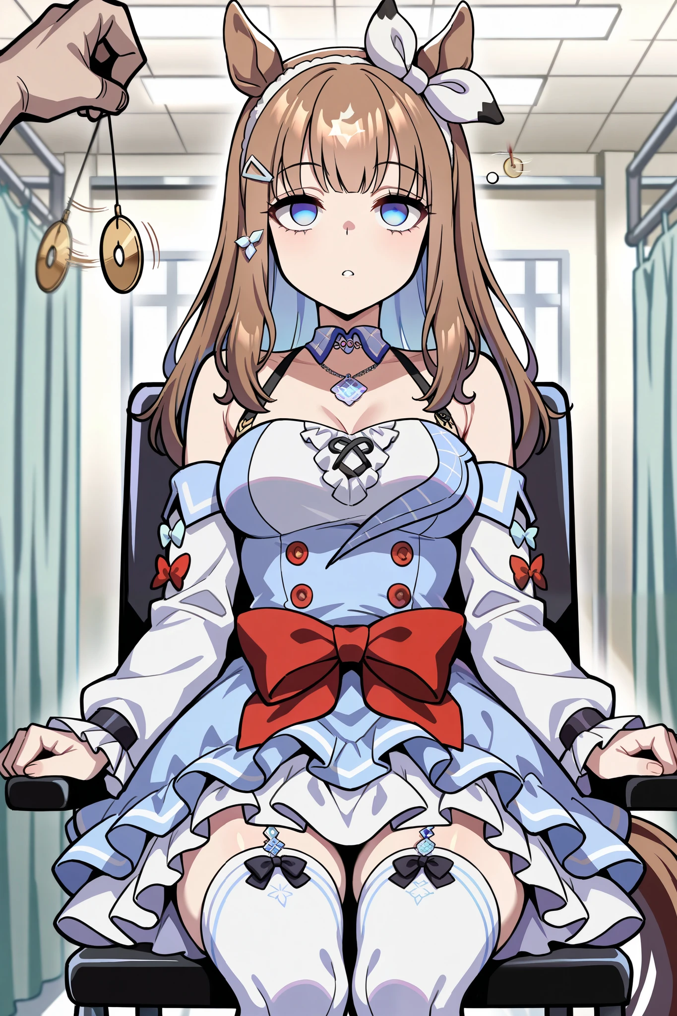 (masterpiece, ultra high definition, 16k, RAW photo, intricate), (sharp focus, crisp details), rich colors, vibrant details, noise reduction,  1girl ,  ((almond eye \( Uma Musume\)), (One Pendulum , Swinging pendulum, Pendulum before her eyes:1.9), Another person's hand holds a pendulum, (empty eyes, half closed eyes, Sleepy eyes:1.9), Infirmary, sitting chair, Place your hands at your sides., Sluggish hands, official costume, Motion line, motion Effect, (cowboy shot), blue eyes,  hairband , (red ribbon), blue dress, detached sleeves, frills, bare shoulders, medium breasts, bow, layered skirt, horse tail, white thighhighs, necklace, (Very slim thighs), simple background, blur the background, nsfw