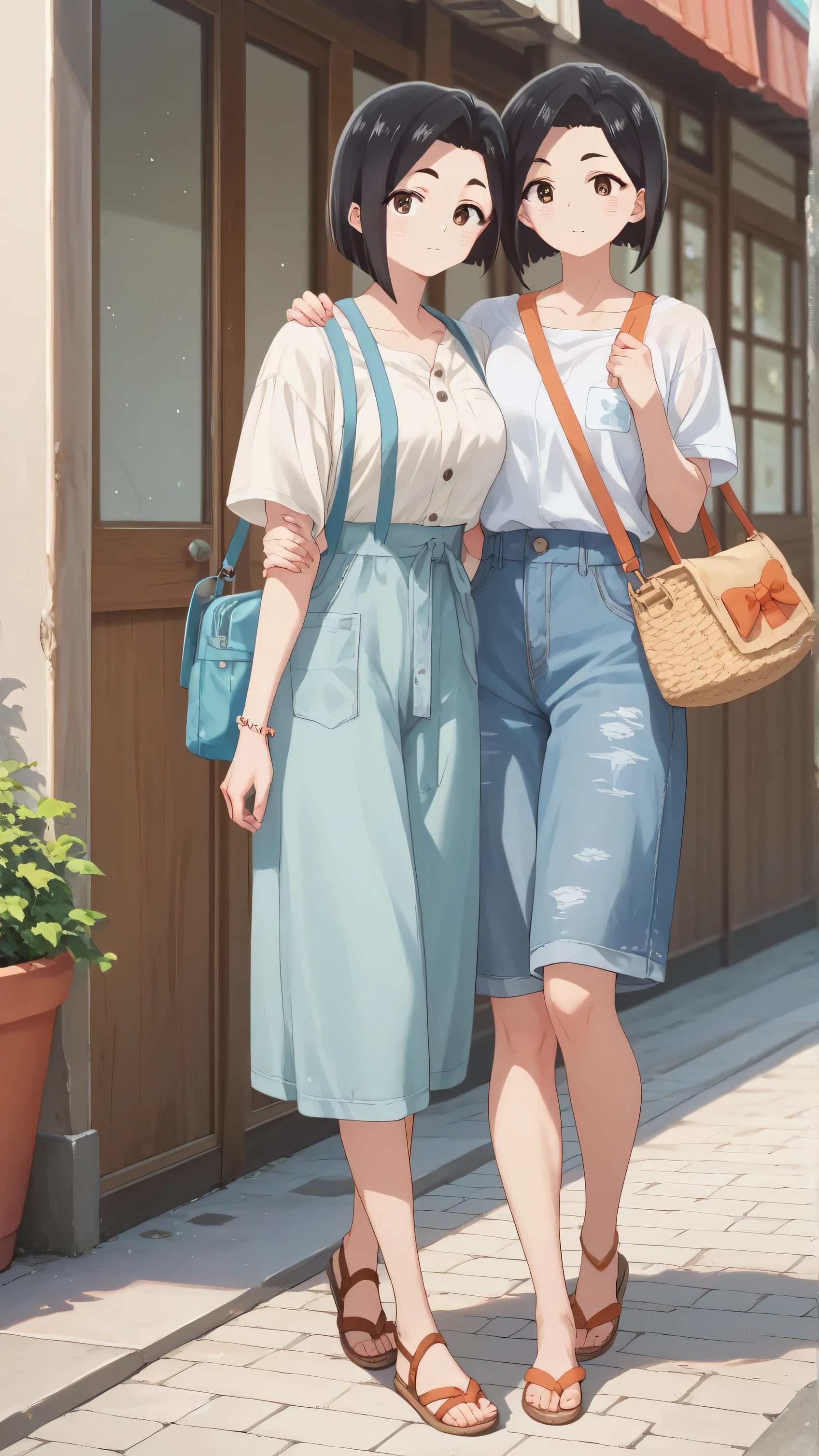 girls sanae yamada short hair black hair brown eyes plain clothes casual Girly Around town cute semi-long full body Big Breasts Summer clothes